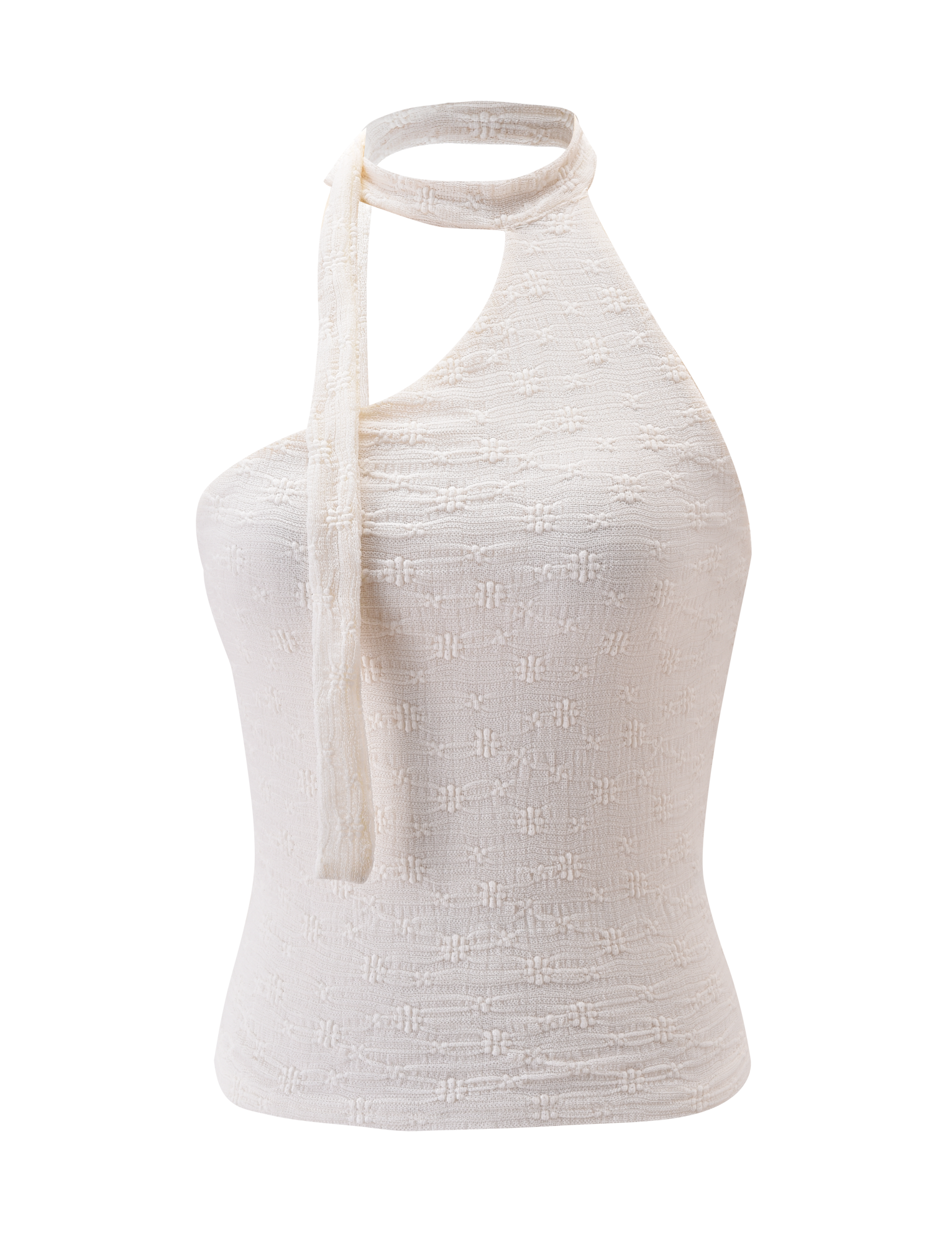 The MYLAH ONE SHOULDER TOP in ivory by TIGERMIST features a sleeveless lace knit, asymmetrical neckline, and a long tie that wraps stylishly around the neck, shown on a plain white background.