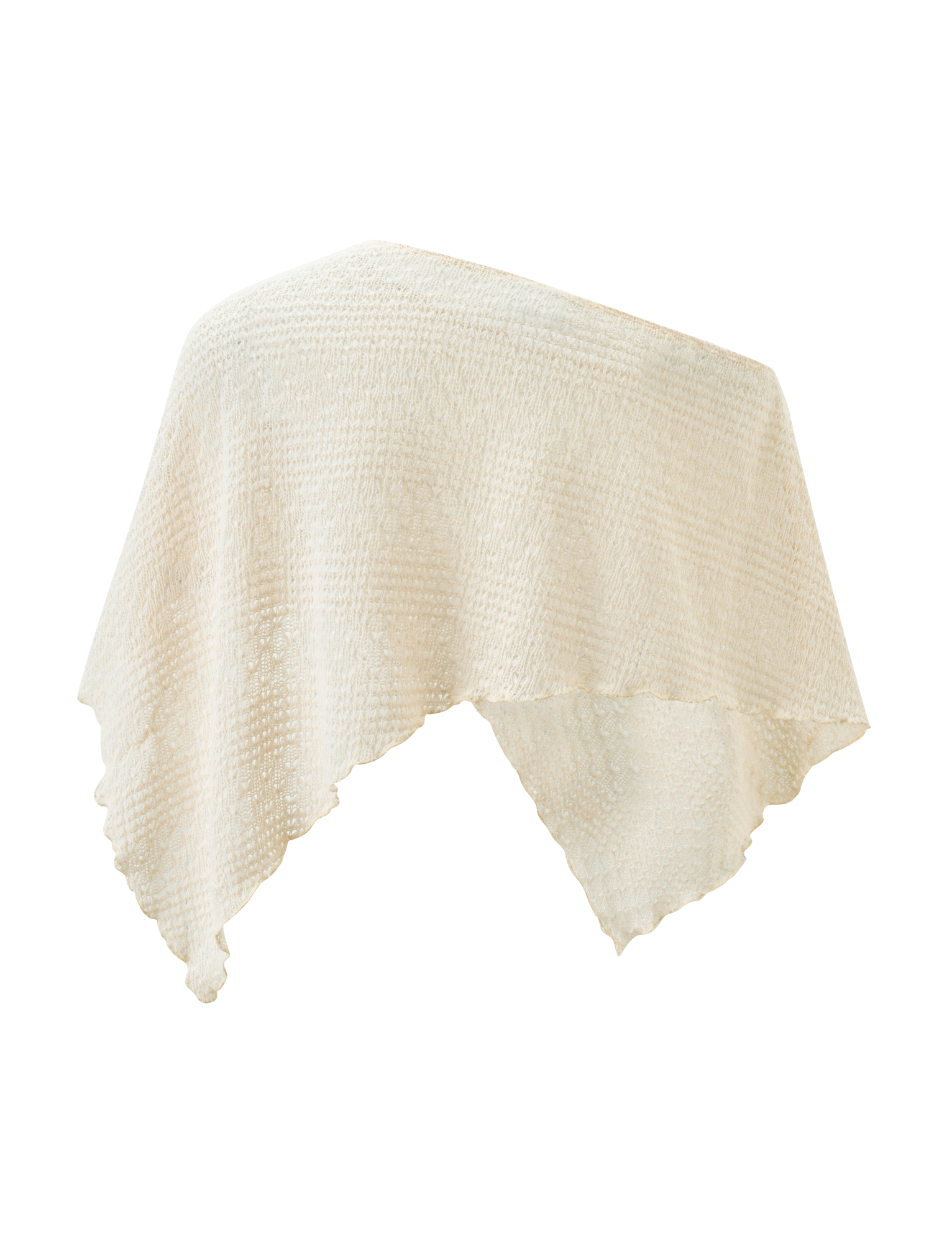 The FAIRLEE PONCHO by TIGERMIST features a cream crochet knit, off-shoulder design with an asymmetrical hem and soft drape, shown against a plain white background.
