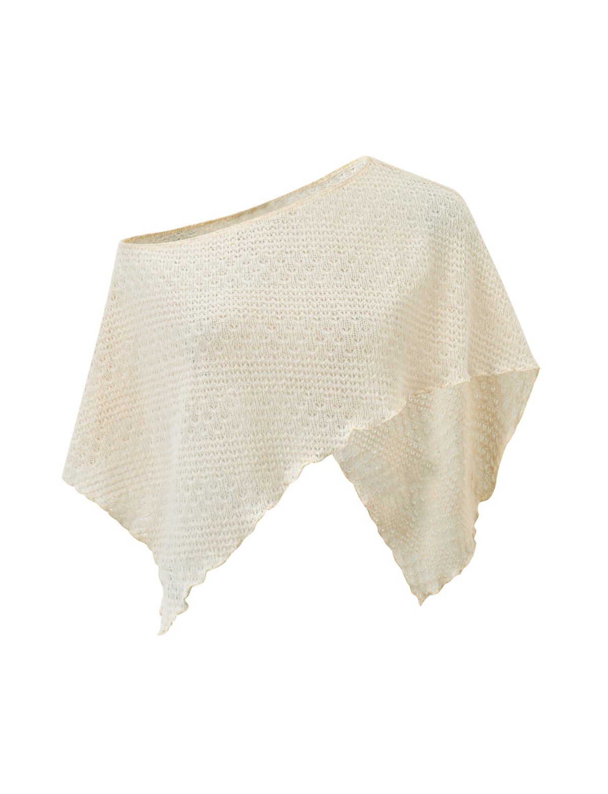 The TIGERMIST FAIRLEE PONCHO in cream features an asymmetrical, textured open-knit crochet design with draped, uneven edges, shown against a plain white backdrop.