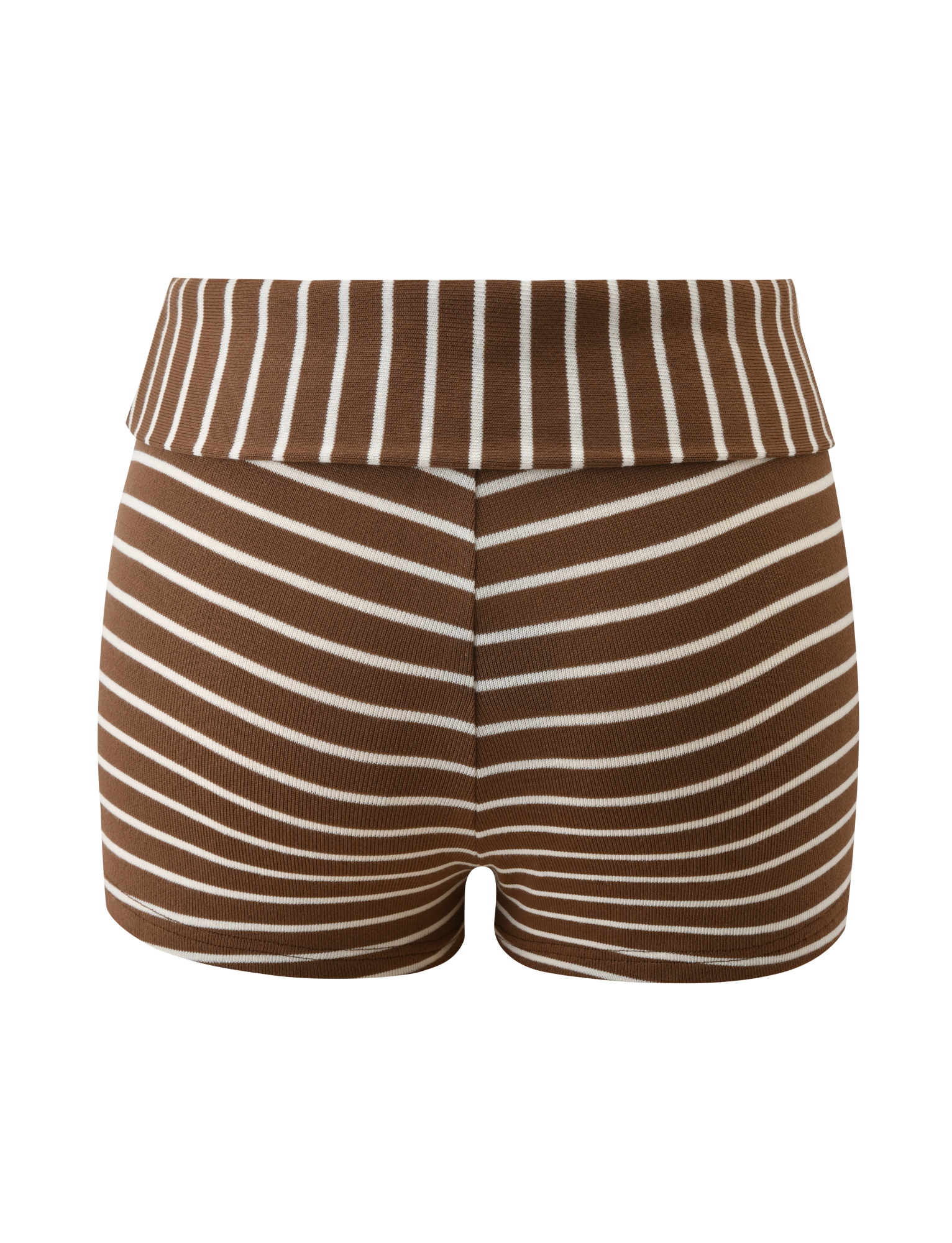 The TIGERMIST BODE STRIPED SHORT in cream/brown features a cozy mini cut, high foldover waistband with horizontal stripes, and diagonal chevron-patterned stripes at the center—ideal for lounging.