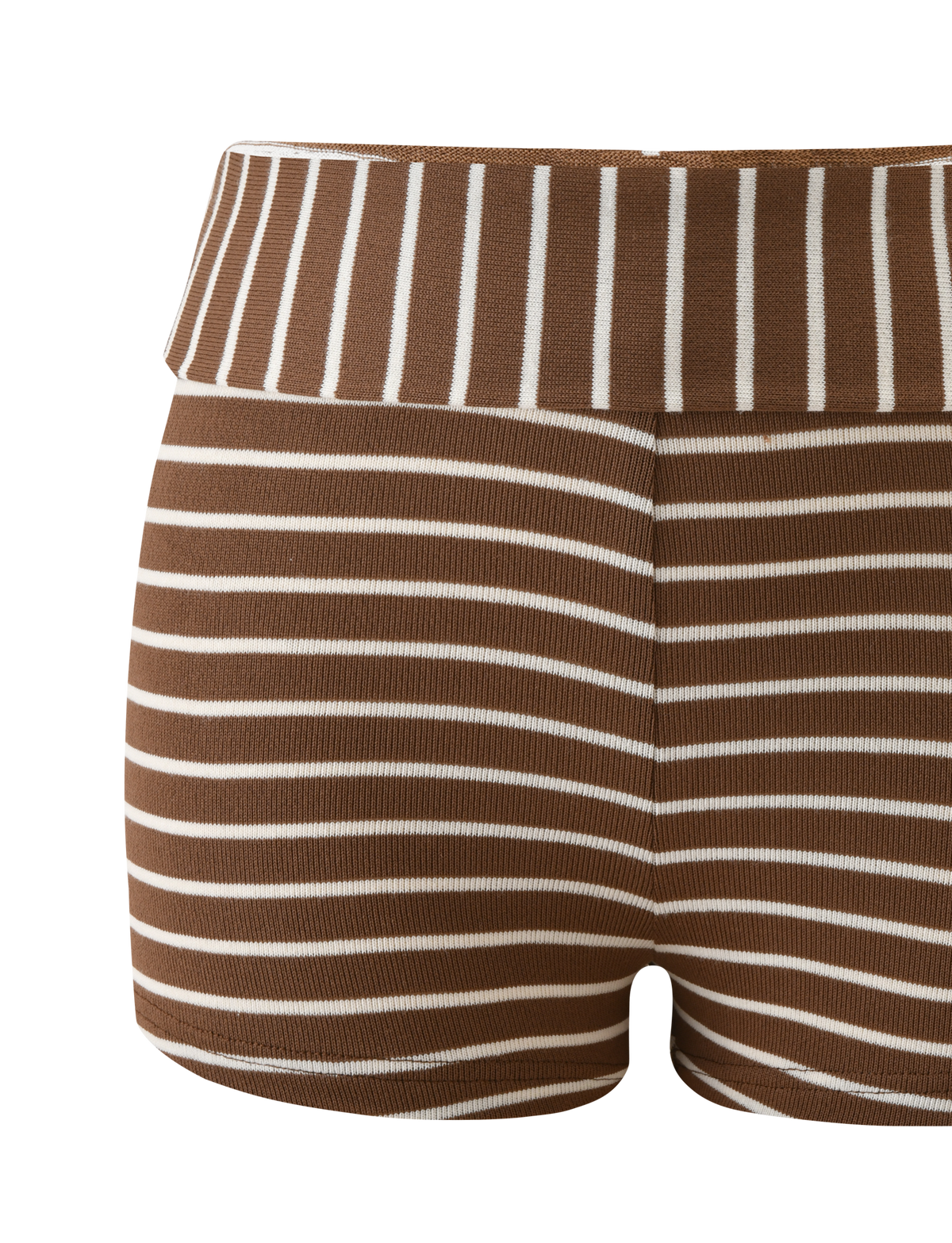 The TIGERMIST BODE STRIPED SHORT features cream and brown stripes with a wide foldover waistband in vertical stripes, showcased on a plain white background.