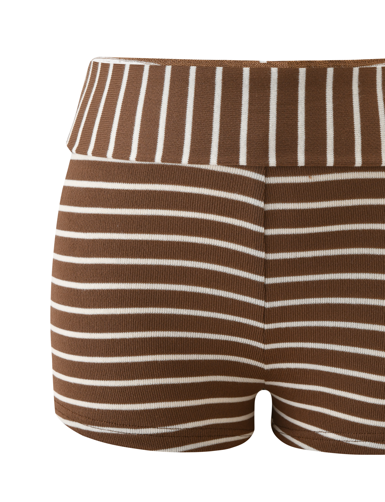 The TIGERMIST BODE STRIPED SHORT in cream/brown stripe features a high-waisted fit, wide ribbed foldover waistband, and horizontal and vertical stripes in a comfy textured knit.