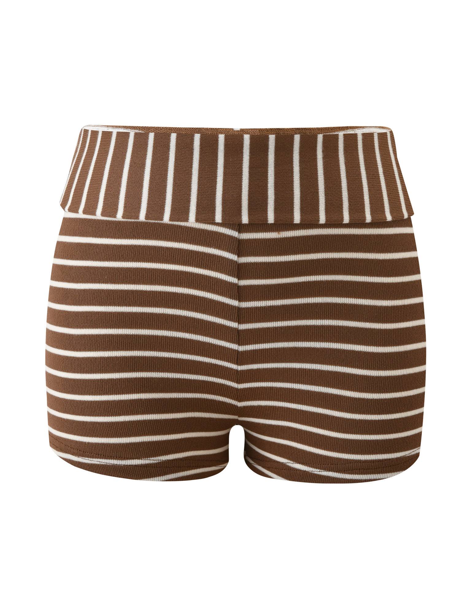 The BODE STRIPED SHORT by TIGERMIST features a cream and brown stripe design with a high foldover waistband, vertical stripes at the waist, and horizontal stripes on the mini short.