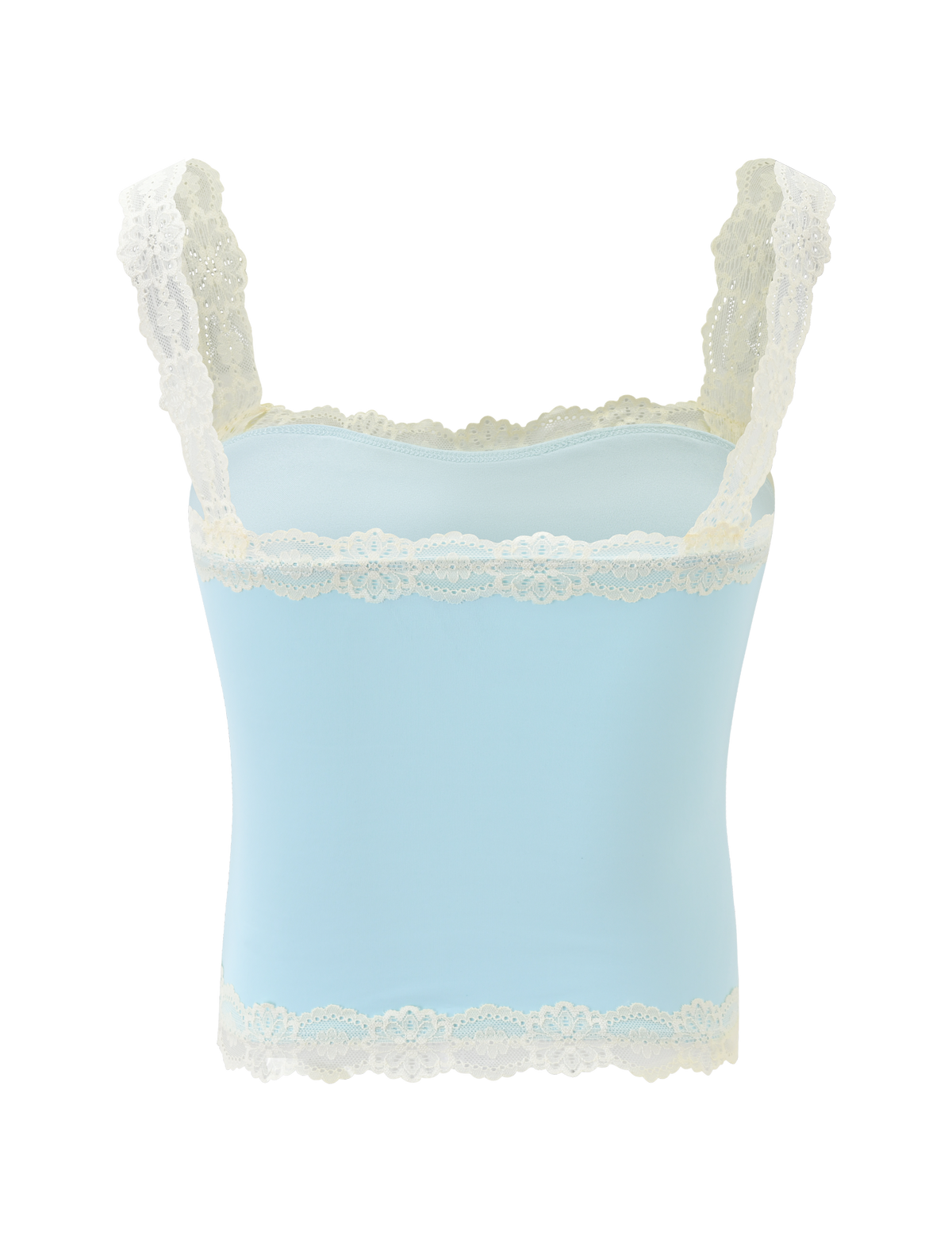 The TIGERMIST NOVA TOP - BLUE is a baby blue tank top with white floral lace straps and lace trim on the neckline and hem, shown against a white background.