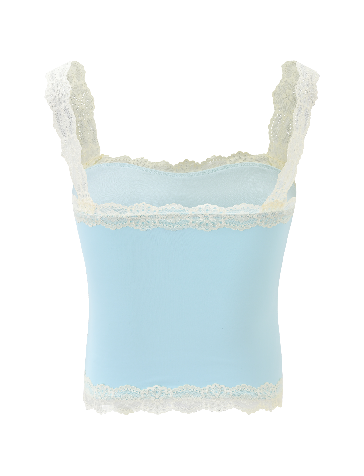 The TIGERMIST NOVA TOP - BLUE is a baby blue tank top with white floral lace straps and lace trim on the neckline and hem, shown against a white background.