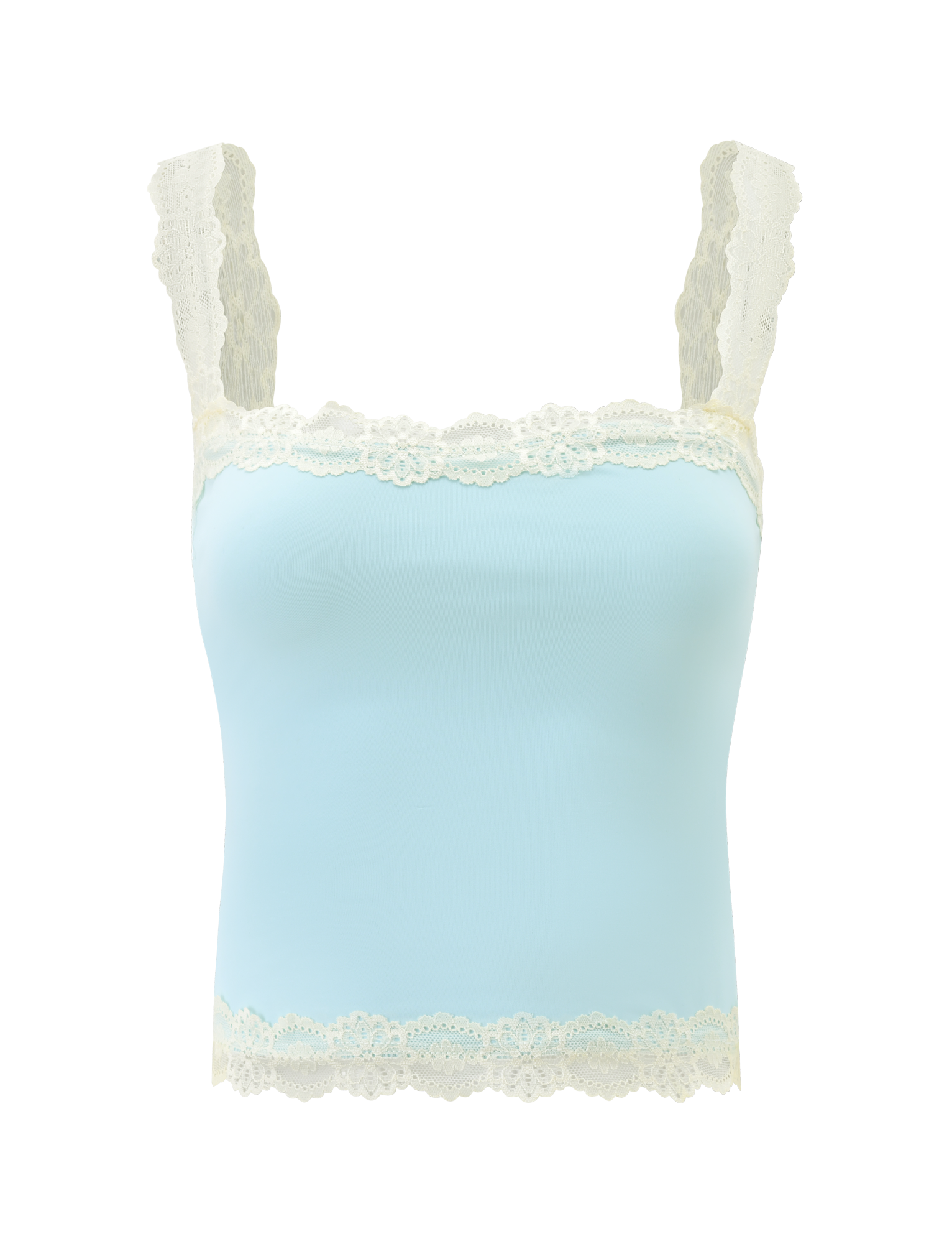 The NOVA TOP - BLUE by TIGERMIST is a light blue fitted tank with cream floral lace straps and trim at the neckline and hem, offering feminine and elegant lace details for a stylish touch.