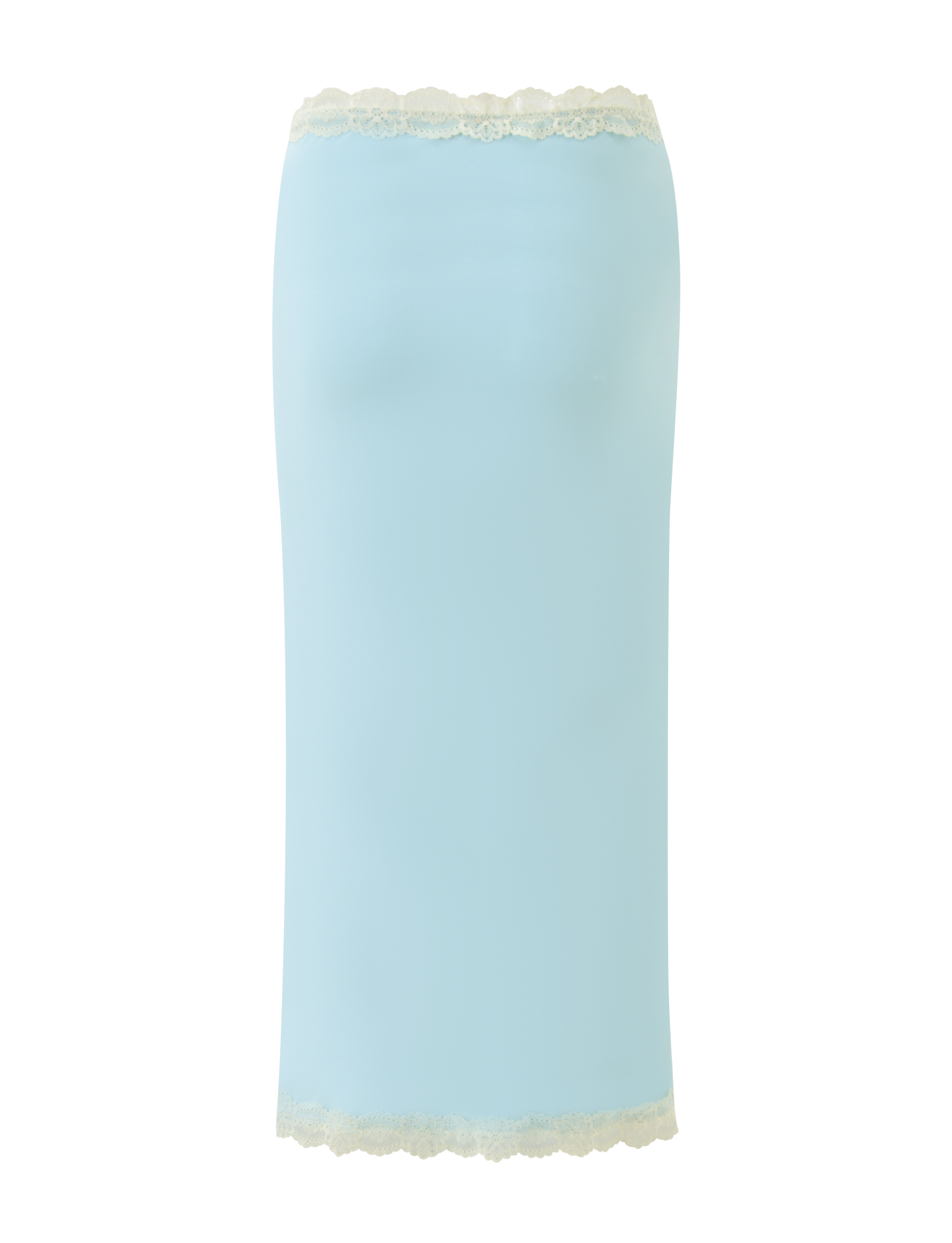 The TIGERMIST NOVA MIDI SKIRT in blue features a floral lace waistband and is shown against a white background.