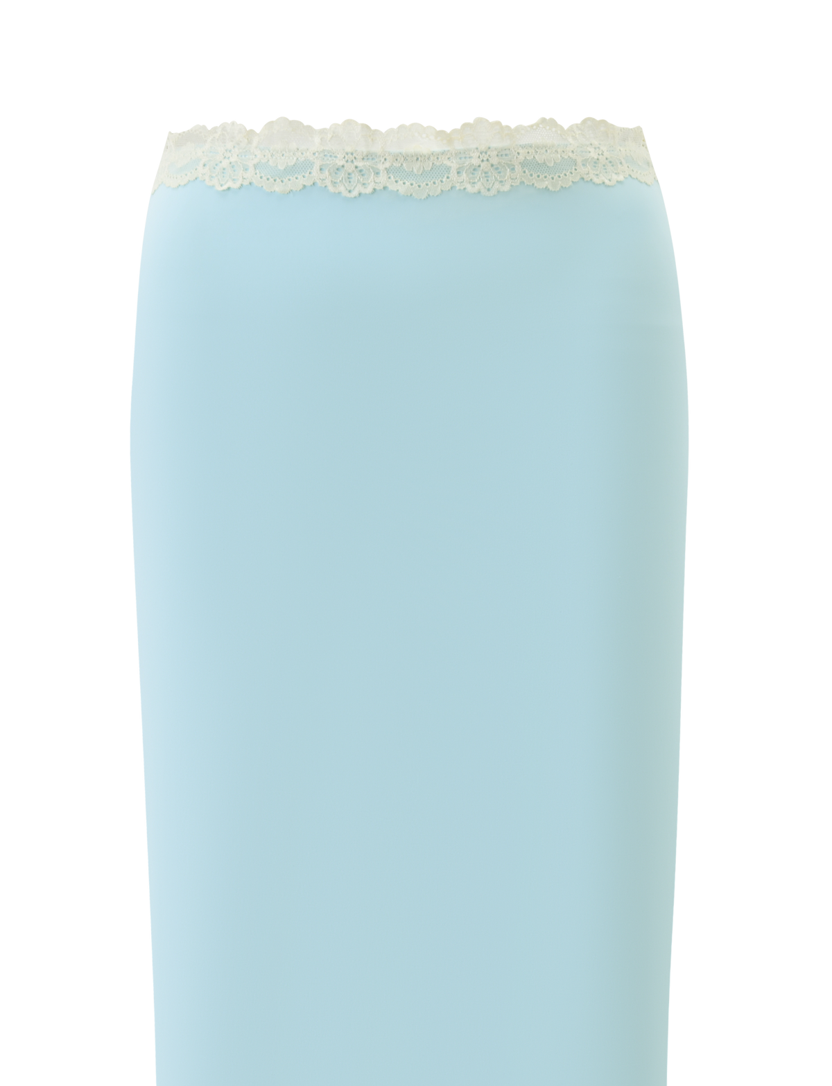 The TIGERMIST NOVA MIDI SKIRT in blue features a straight silhouette, floral lace waistband, and scalloped white trim, displayed against a plain white background.