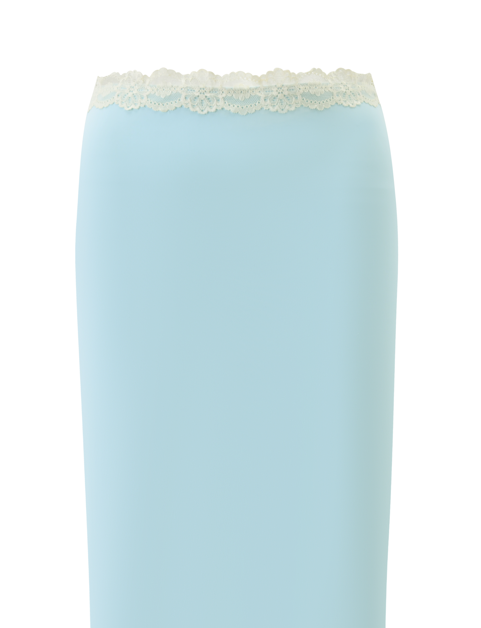 The TIGERMIST NOVA MIDI SKIRT in blue features a straight silhouette, floral lace waistband, and scalloped white trim, displayed against a plain white background.