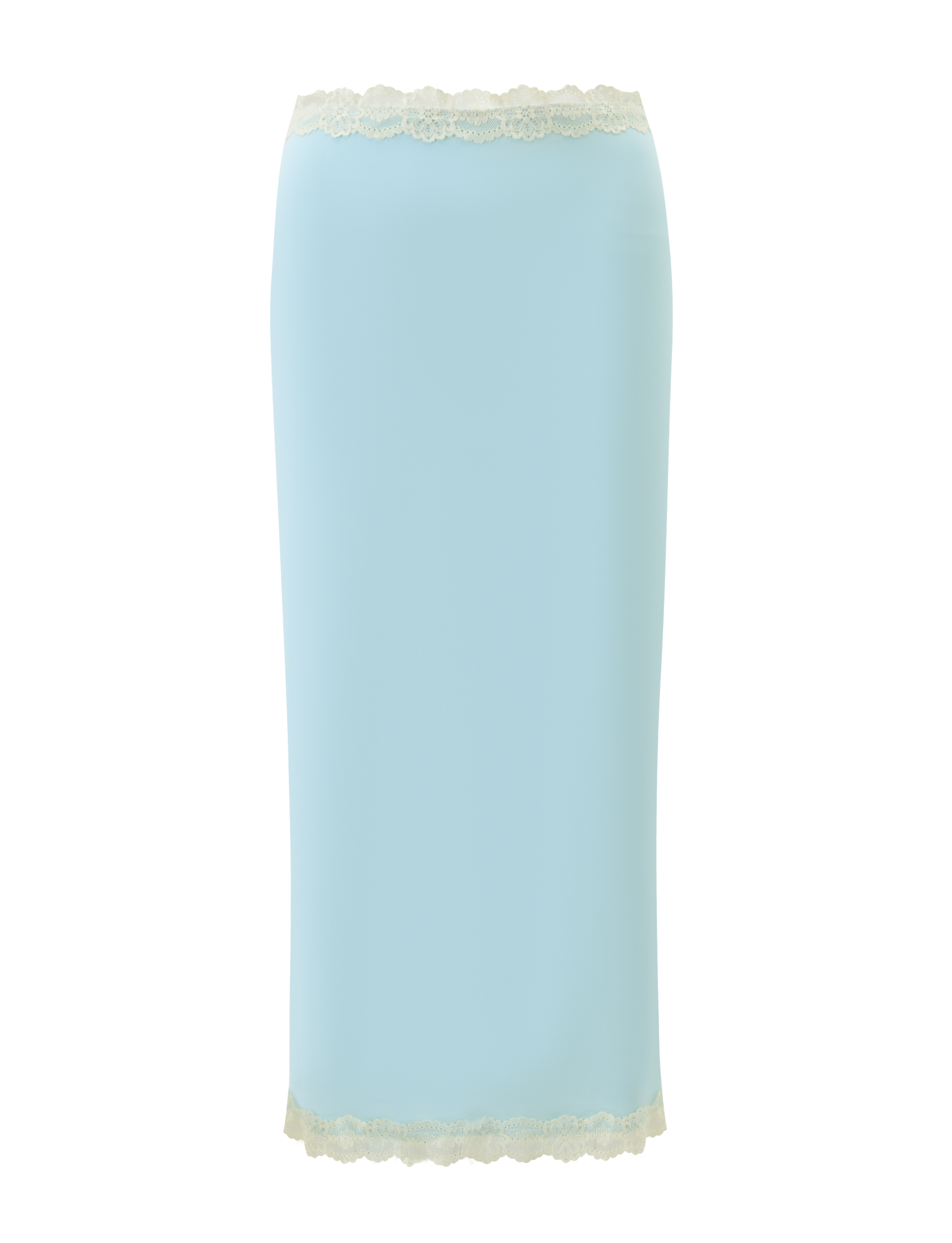 The TIGERMIST NOVA MIDI SKIRT - BLUE features a straight silhouette, floral lace waistband, and white lace trim at the hem for an elegant look.