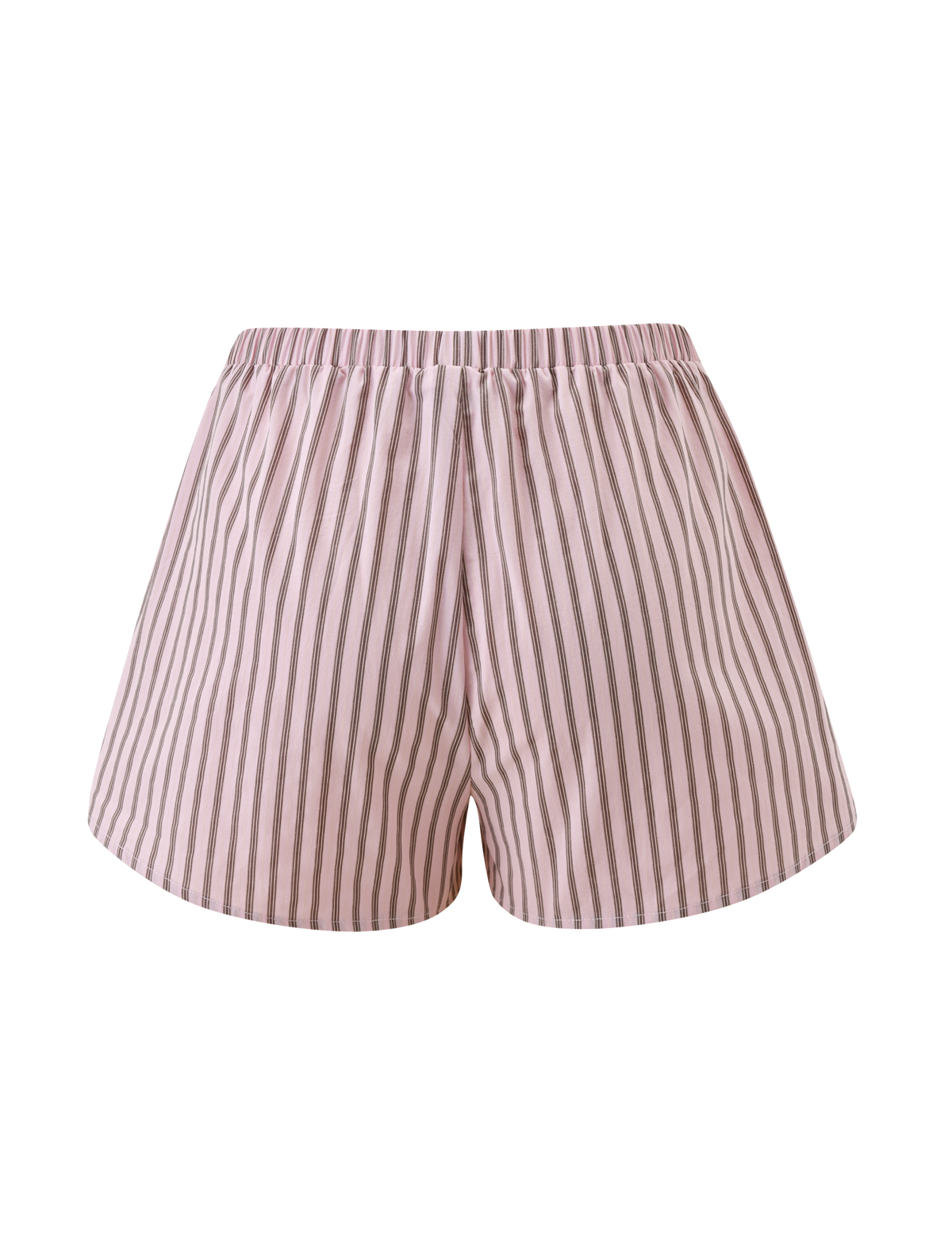 The TIGERMIST EZRA SHORT - PINK STRIPE features pink and white vertical stripes, a relaxed fit, and an elastic waistband, shown against a plain white background.