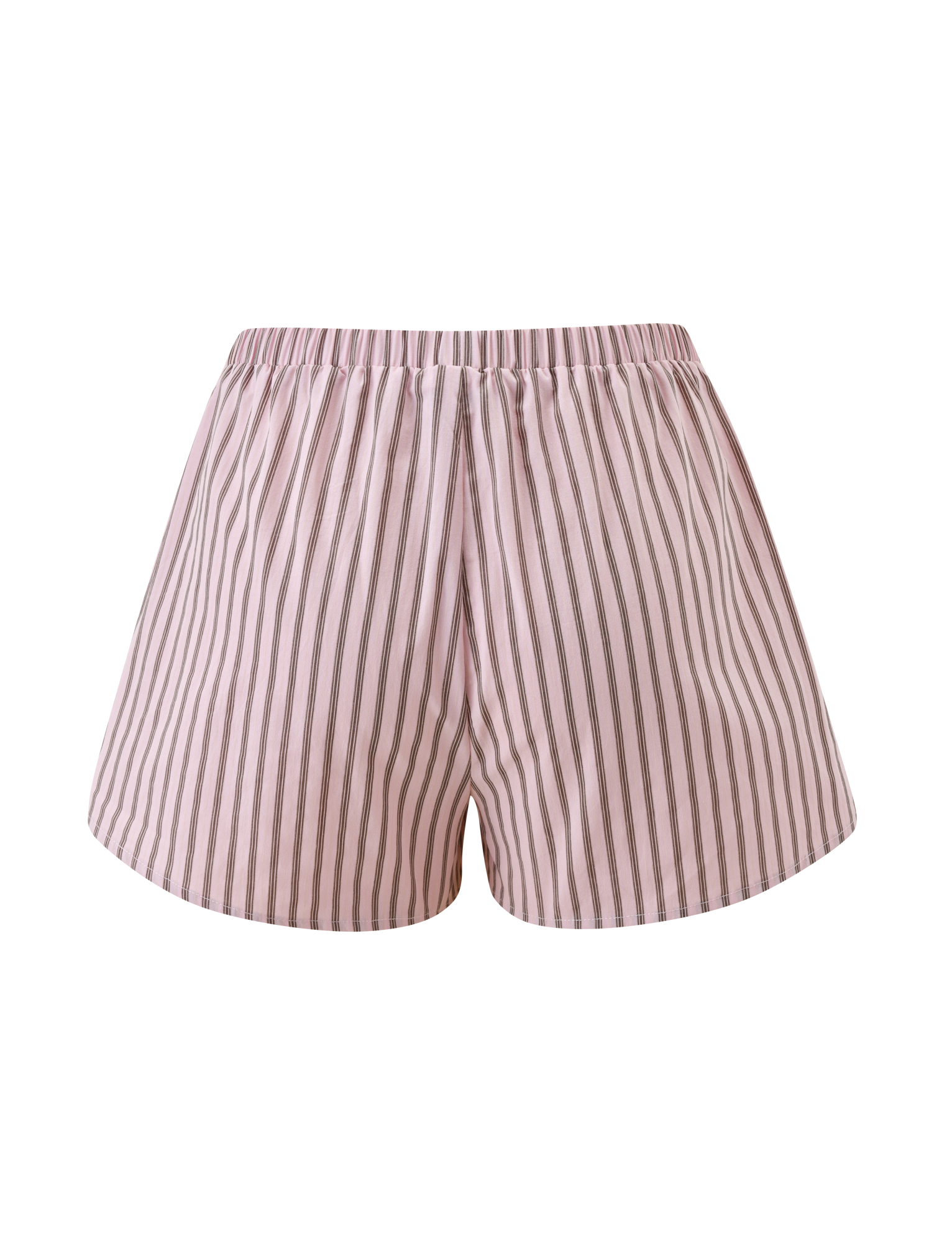 The TIGERMIST EZRA SHORT - PINK STRIPE features pink and white vertical stripes, a relaxed fit, and an elastic waistband, shown against a plain white background.