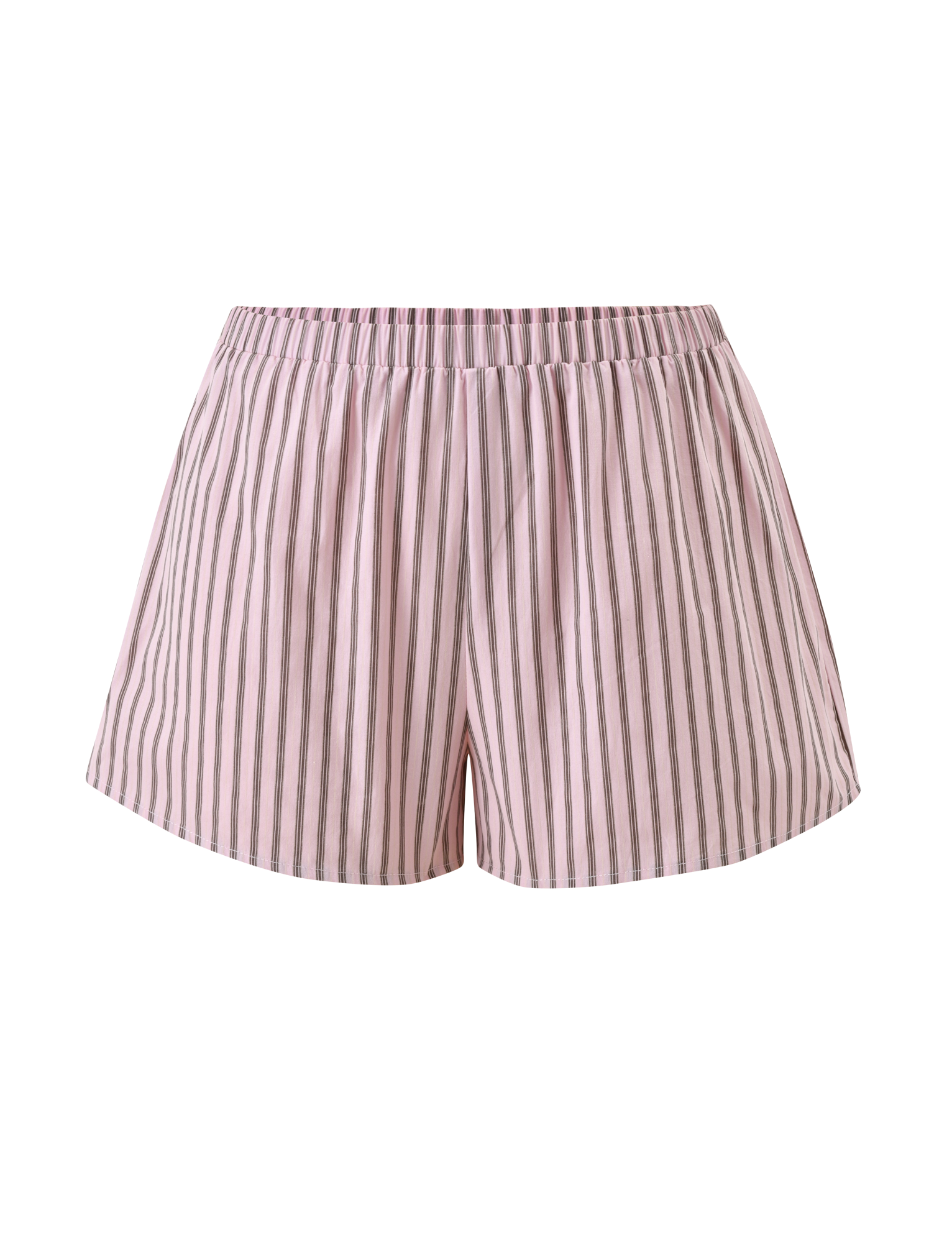 The EZRA SHORT - PINK STRIPE by TIGERMIST features pink and white vertical stripes, a high-waisted elastic waistband, and a relaxed fit, shown against a white background.