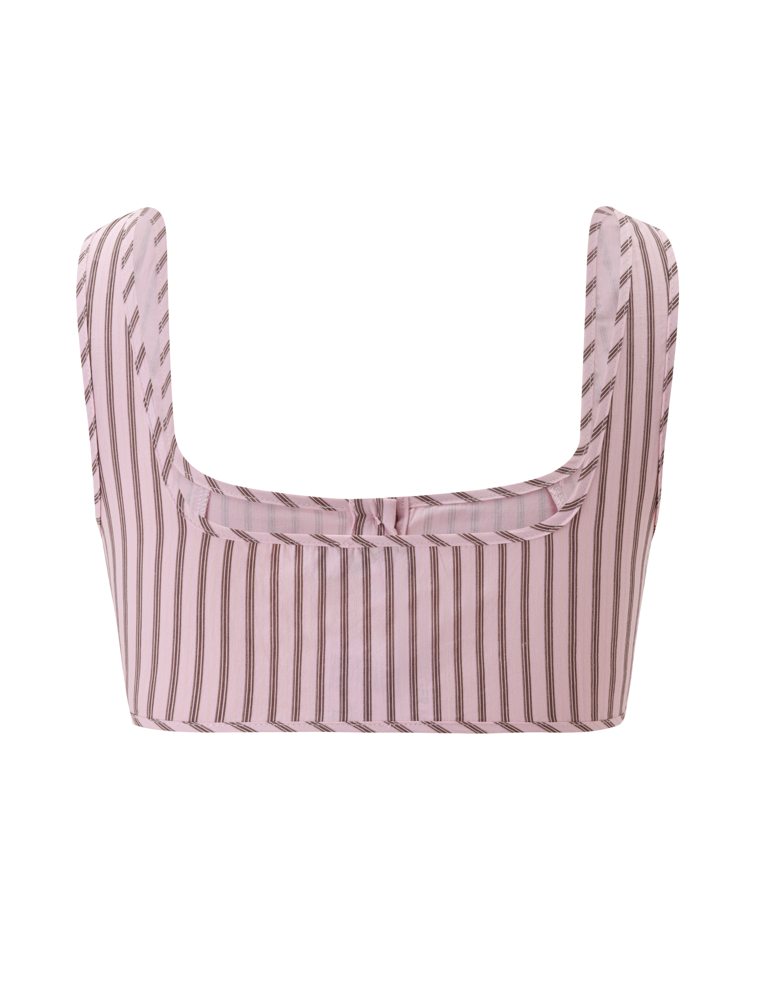 The TIGERMIST EZRA TOP - PINK STRIPE is a vintage crop top with wide straps, vertical pink and brown stripes, and a front bow detail, shown on a white background. Perfectly pairs with the matching Ezra Short.