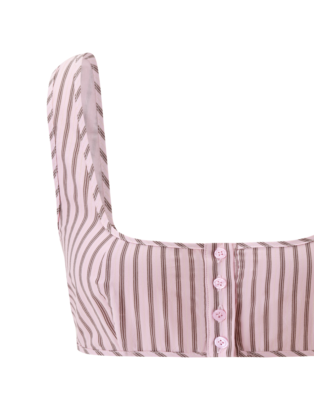 A cropped close-up of TIGERMIST's EZRA TOP - PINK STRIPE, featuring vintage vertical brown stripes and four light pink buttons, styled with the matching Ezra Short against a plain white background.