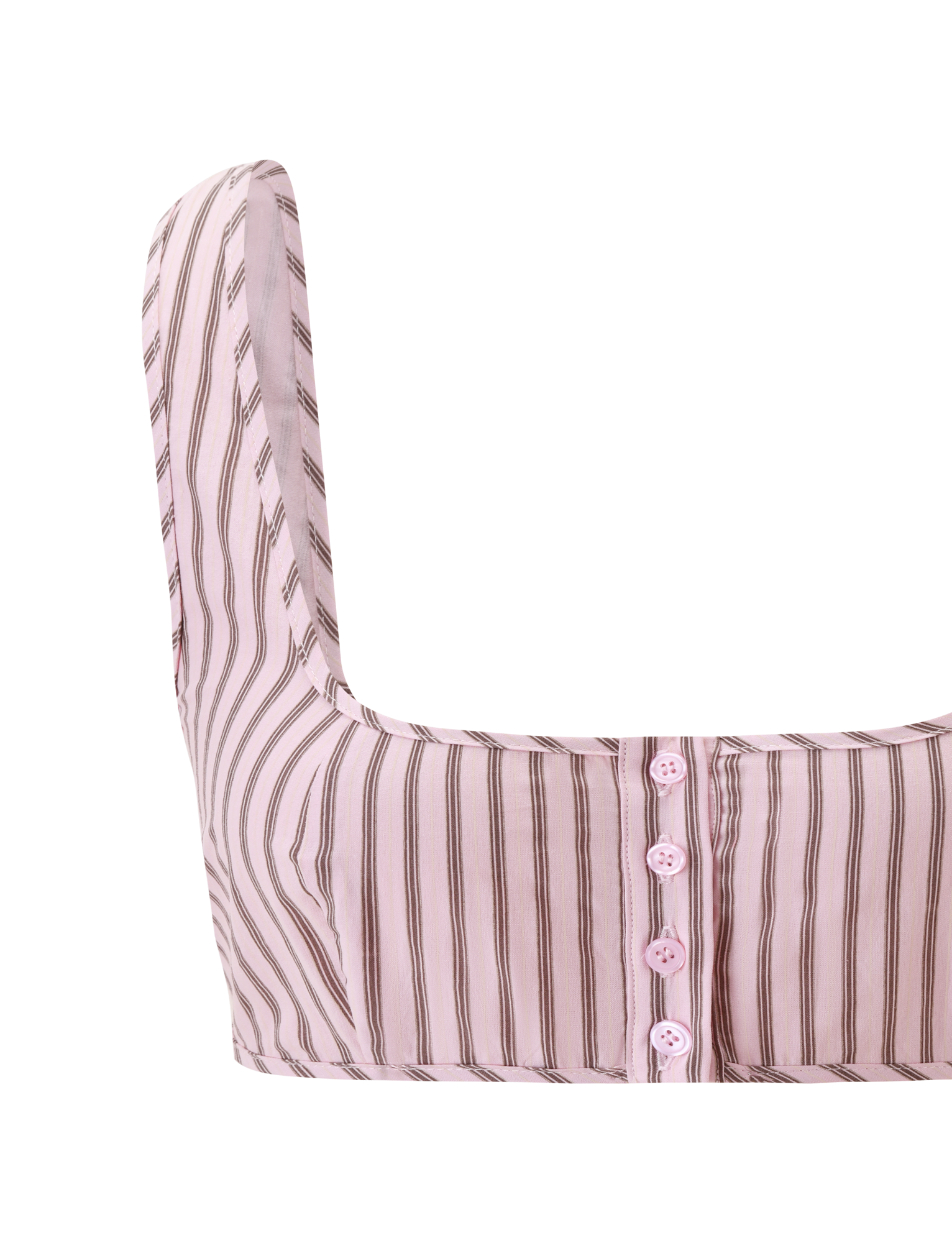 A cropped close-up of TIGERMIST's EZRA TOP - PINK STRIPE, featuring vintage vertical brown stripes and four light pink buttons, styled with the matching Ezra Short against a plain white background.