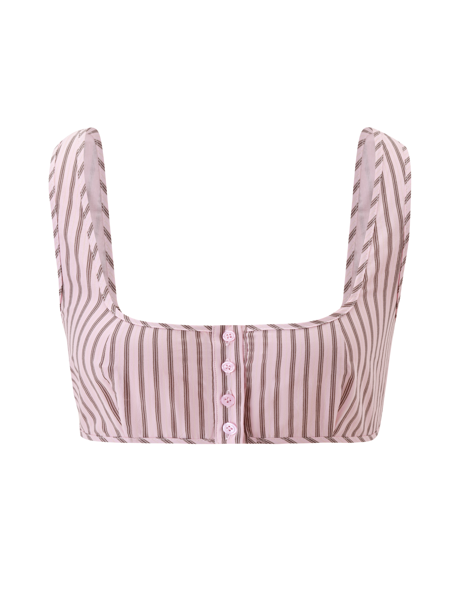 The EZRA TOP - PINK STRIPE by TIGERMIST is a vintage-inspired crop top with a square neckline, vertical brown stripes on light pink, and pink buttons. Pair it with the matching Ezra Short for a coordinated look.