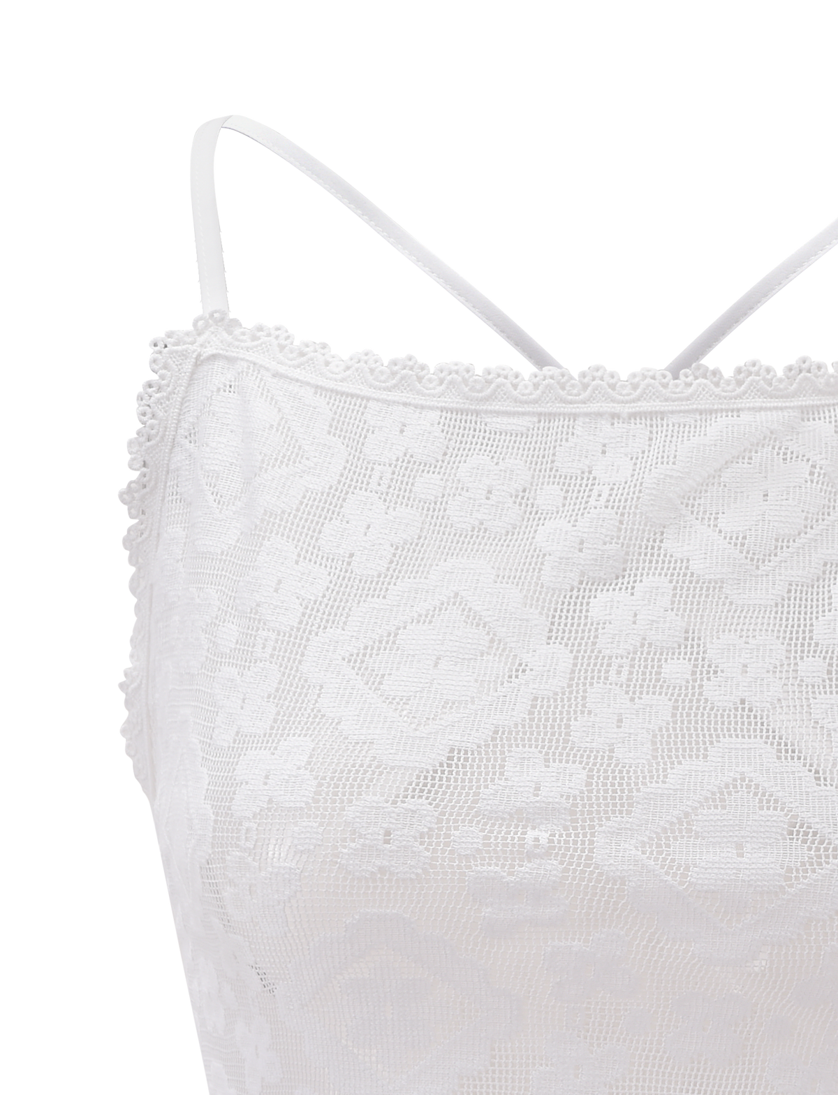Close-up of the JESIRA TOP in off white by TIGERMIST, featuring thin straps and a delicate floral jacquard lace with scalloped trim for an elegant finish.