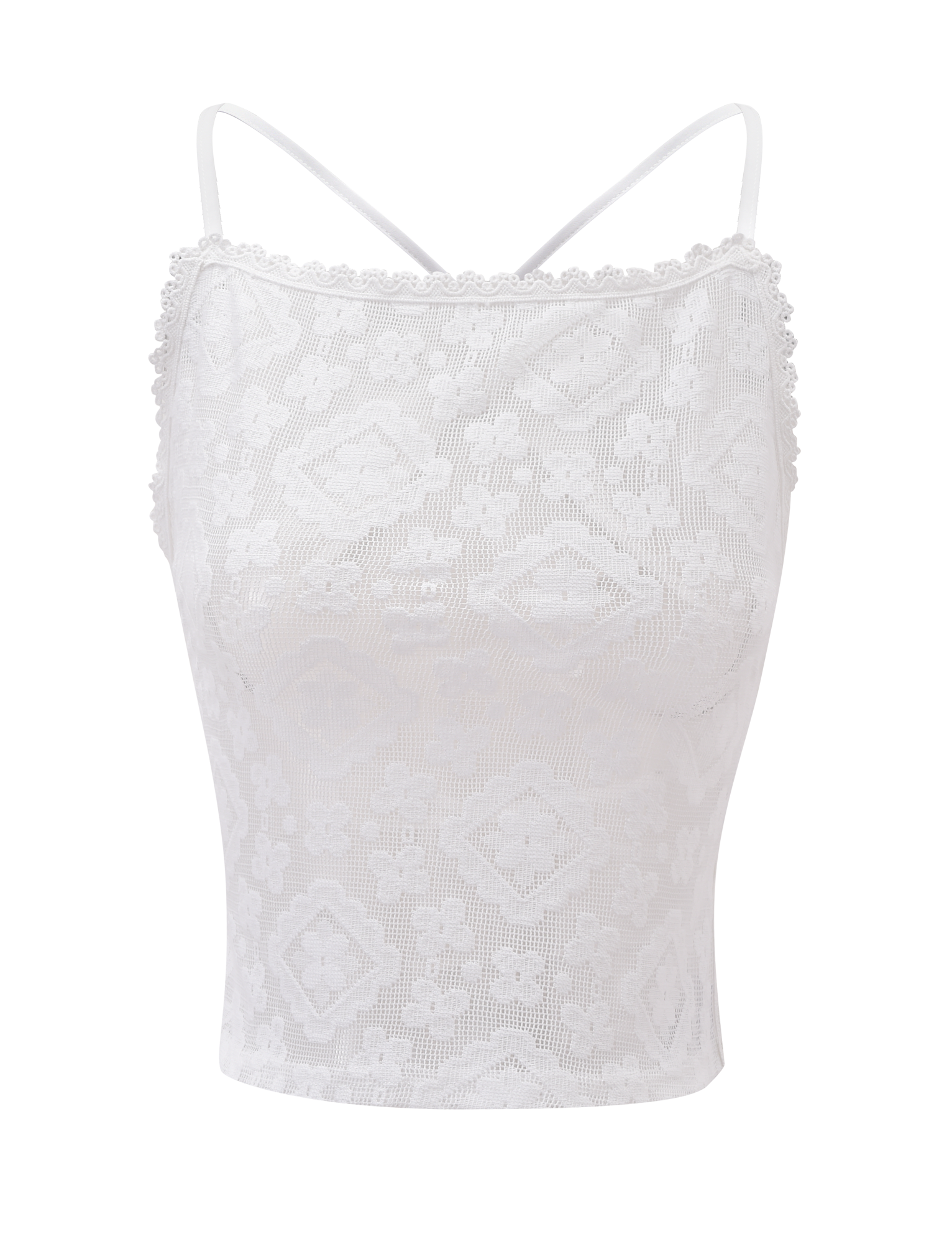 The JESIRA TOP - OFF WHITE by TIGERMIST is a white, sleeveless jacquard lace top with thin spaghetti straps, a delicate floral pattern, and scalloped trim, shown on a plain white background.