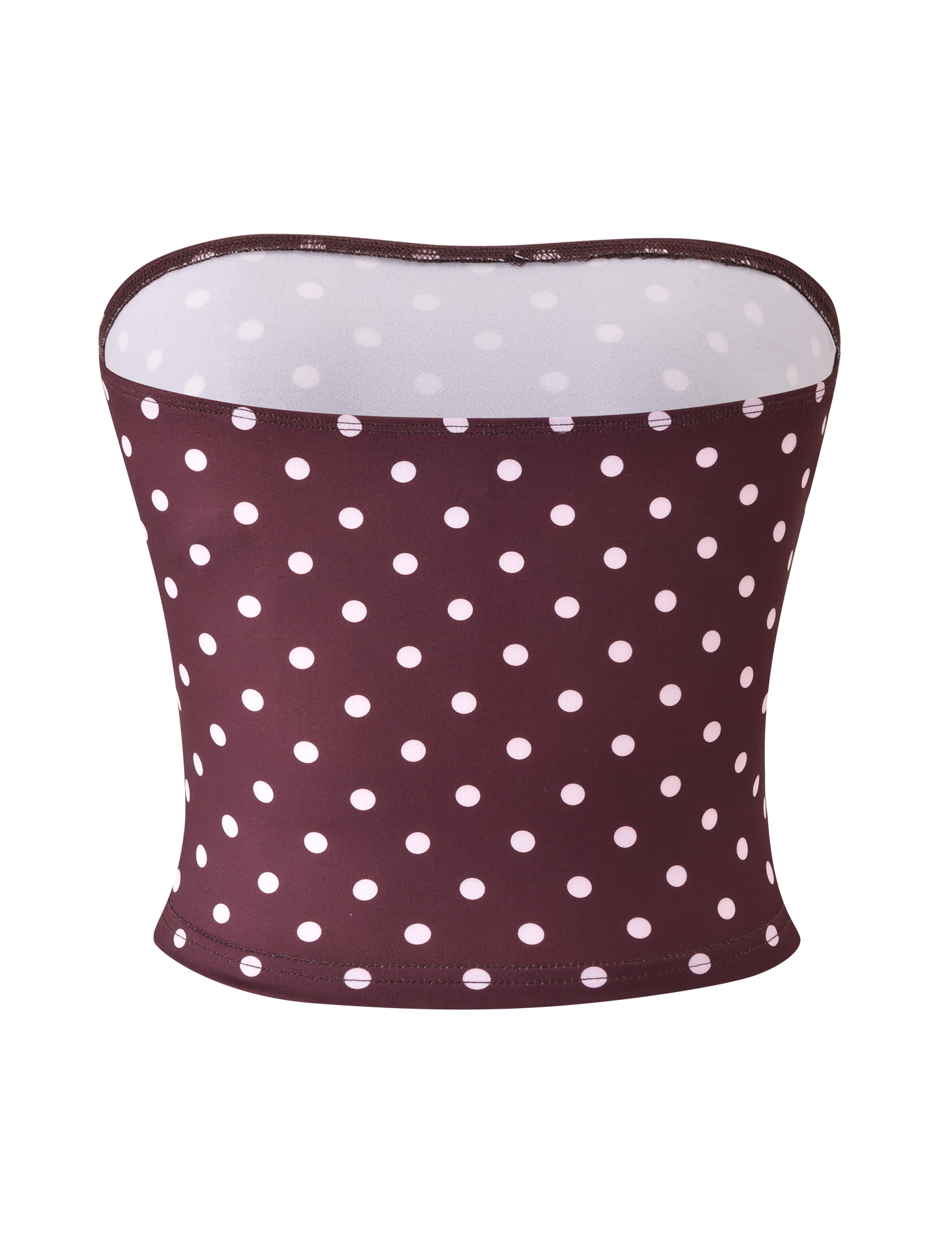 The TIGERMIST VALI POLKA DOT TOP features a chocolate strapless design with evenly spaced pink dots, displayed on a plain white background.