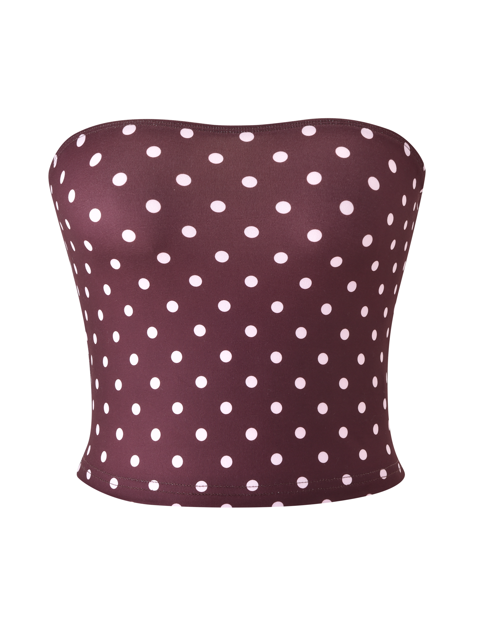 The TIGERMIST VALI POLKA DOT TOP in chocolate with pink dots is a strapless tube top, shown against a plain white background.