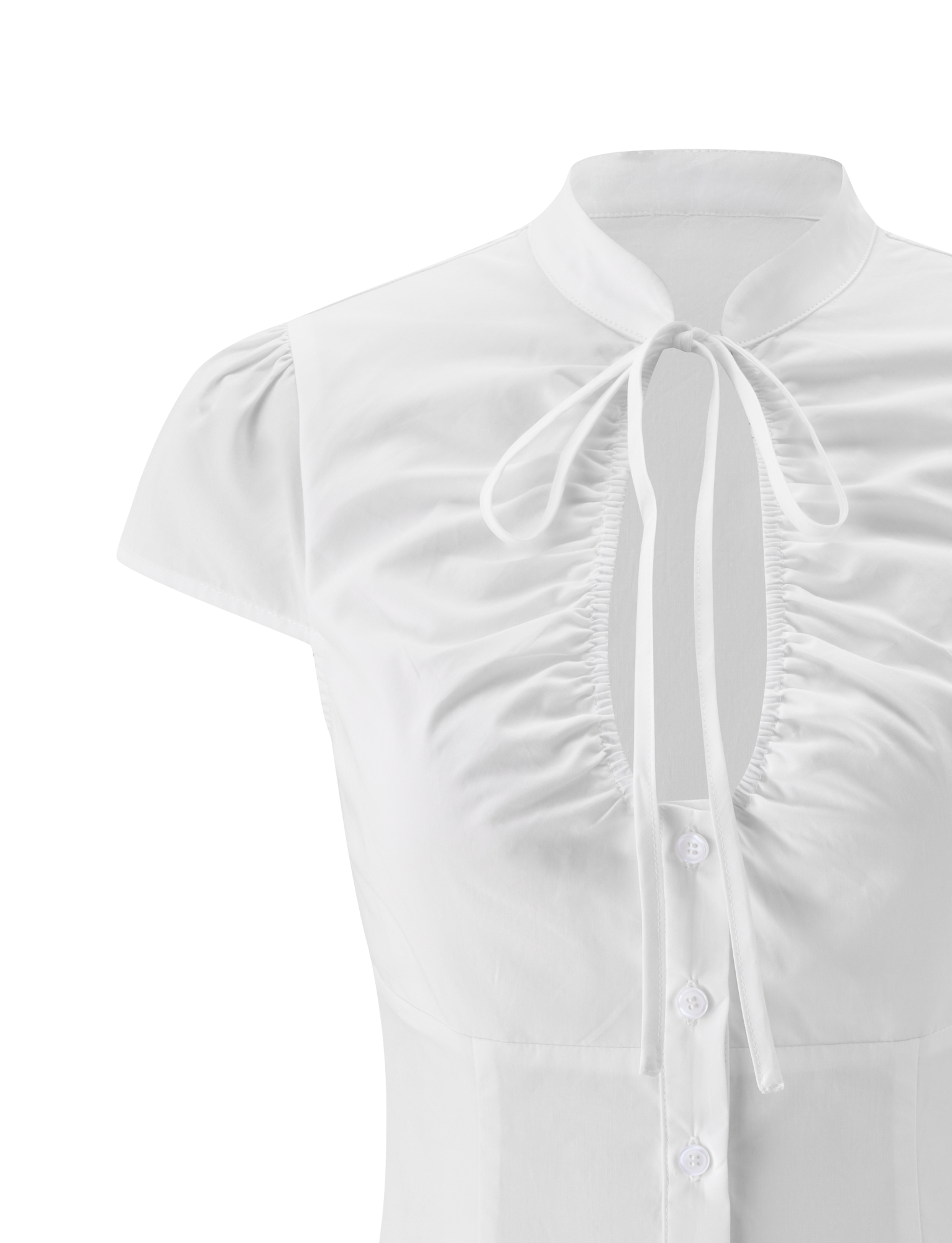 A close-up of the VIOLA SHIRT by TIGERMIST shows its white, smooth fabric, short sleeves, ruched front, deep V-neckline with a tie at the collar, and button-down design.