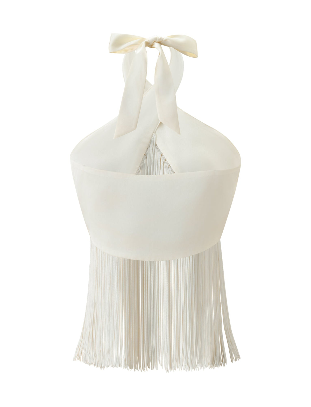ALINDA TOP - CREAM halter top with a criss-cross neckline, tie-neck closure, and long fringe trim in a crop length.
