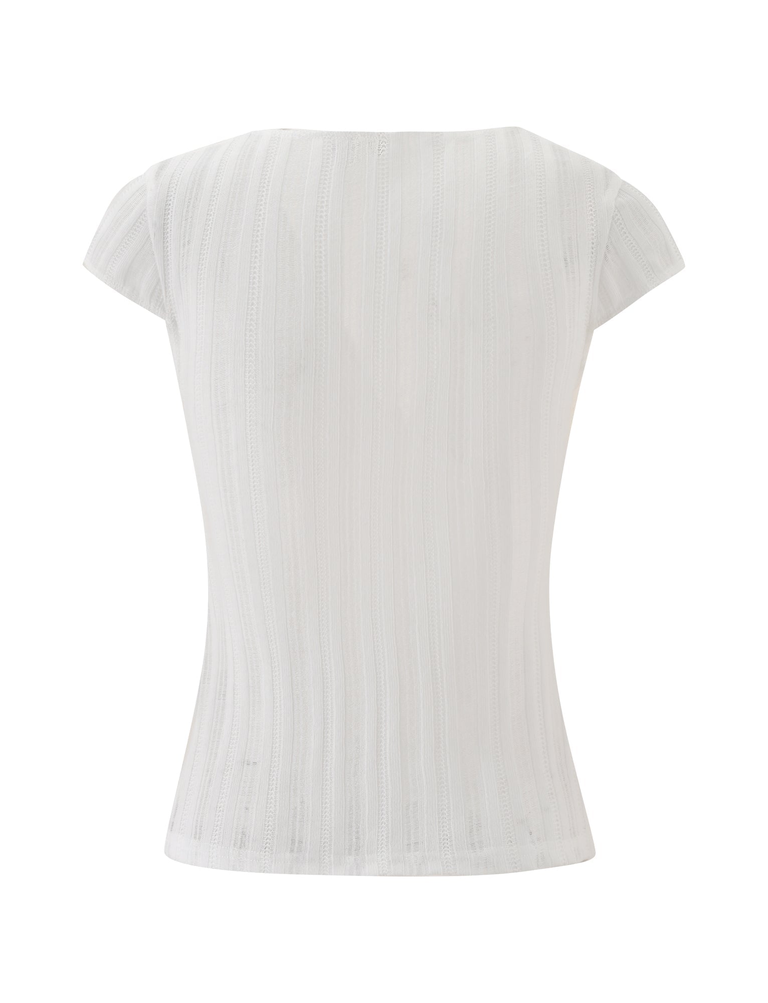 Back view of the TIGERMIST LONA TOP in white, featuring a subtle vertical stripe pattern and a fitted silhouette. This short-sleeved design has a simple round neckline, blending the classic appeal of a cap sleeve blouse with a modern ribbed knit texture.