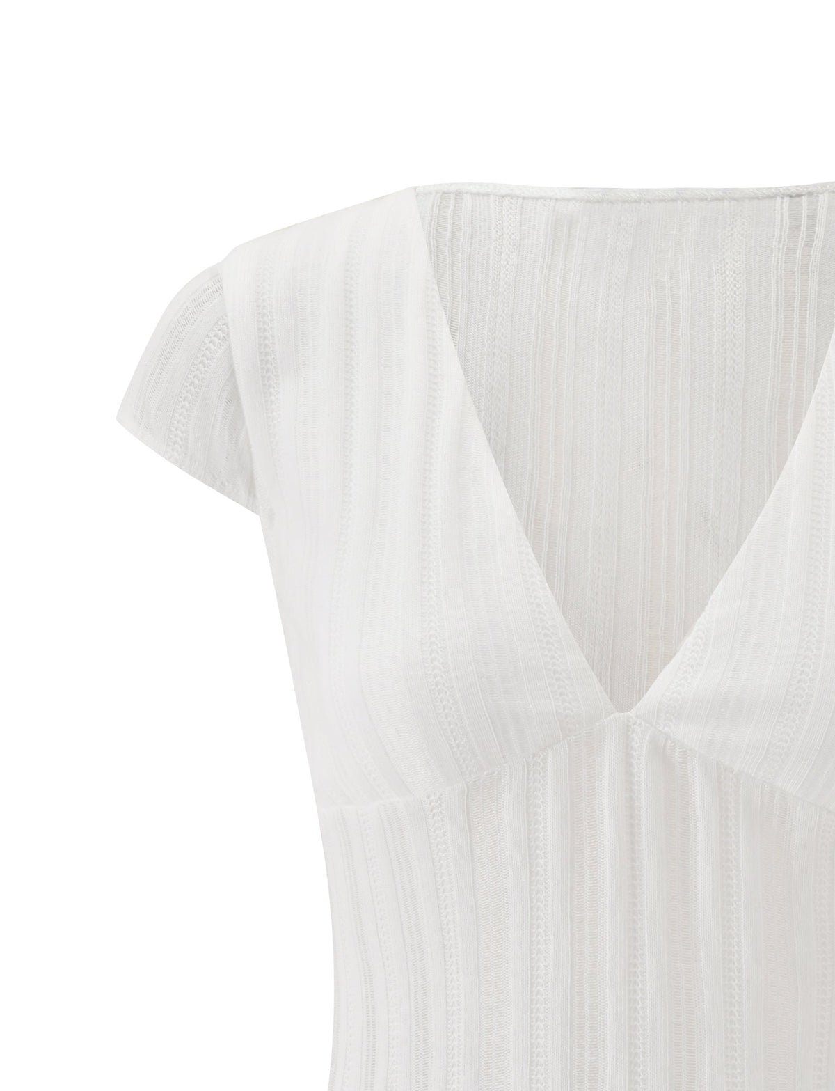 A white, short-sleeved top from TIGERMIST, called the LONA TOP, features subtle vertical stripes, a deep V-neckline, and soft textured fabric. The image displays the upper portion of the top against a plain background.