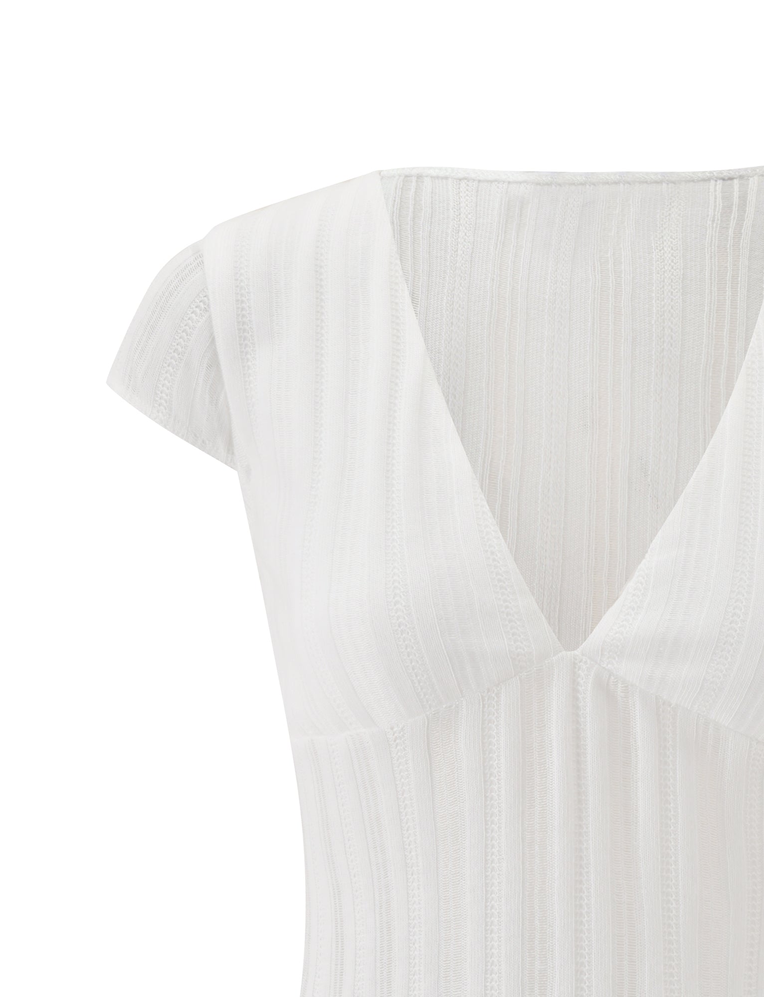 A white, short-sleeved top from TIGERMIST, called the LONA TOP, features subtle vertical stripes, a deep V-neckline, and soft textured fabric. The image displays the upper portion of the top against a plain background.