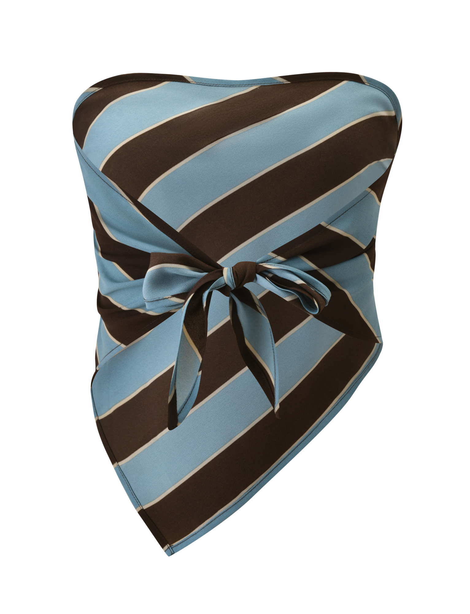 The LENIN SCARF TOP by TIGERMIST is a strapless, asymmetrical vintage-inspired top with wide blue and brown stripes and a front tie knot at the waist.