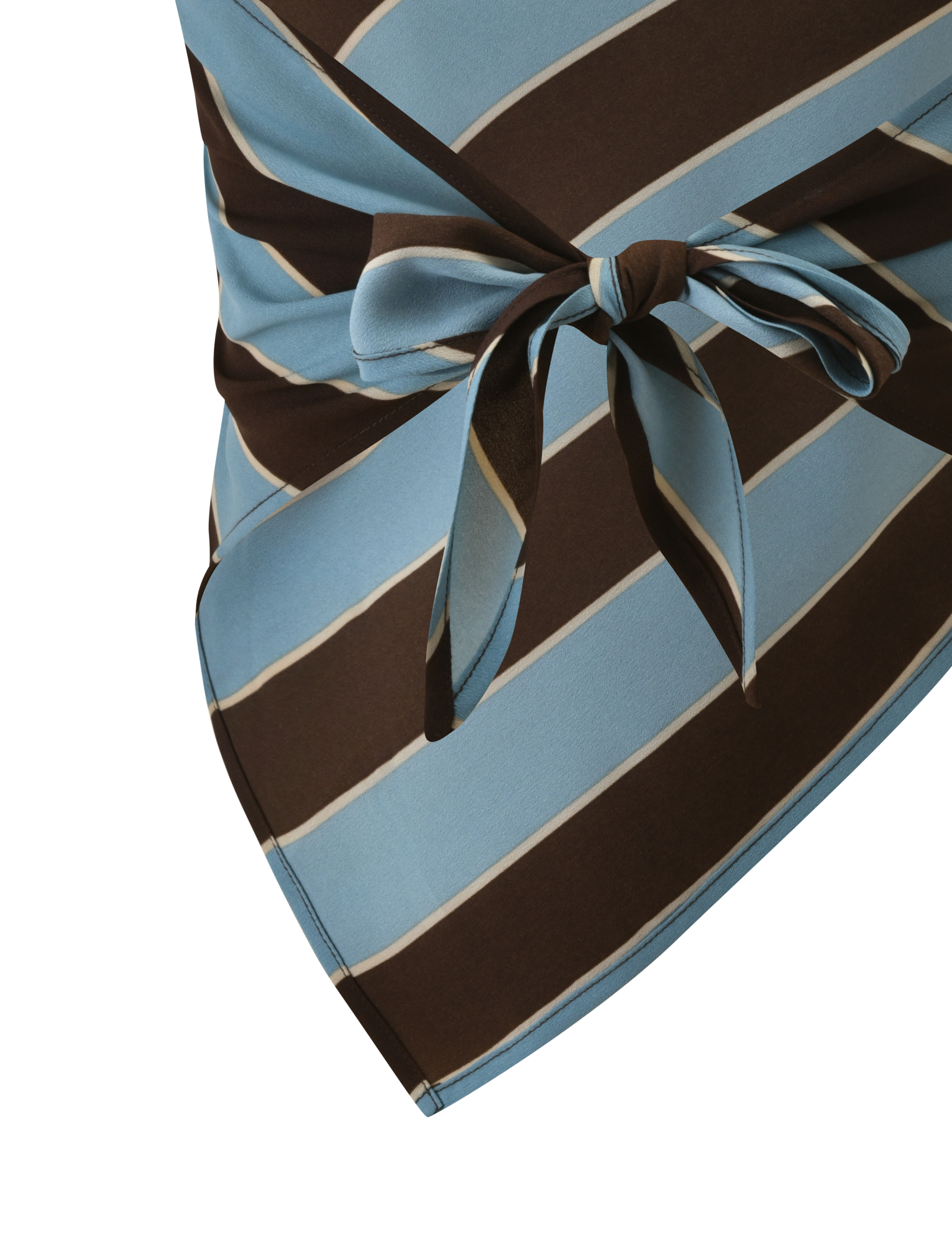 Close-up of the TIGERMIST LENIN SCARF TOP in blue and brown stripes, featuring a vintage-inspired design with diagonal stripes and a tied waist detail.