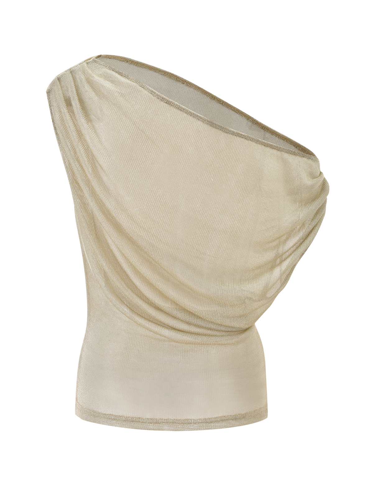 The CLANCY TOP - GOLD by TIGERMIST features a sheer, light beige off-shoulder design with draped fabric and an asymmetrical neckline, shown on a plain white background.