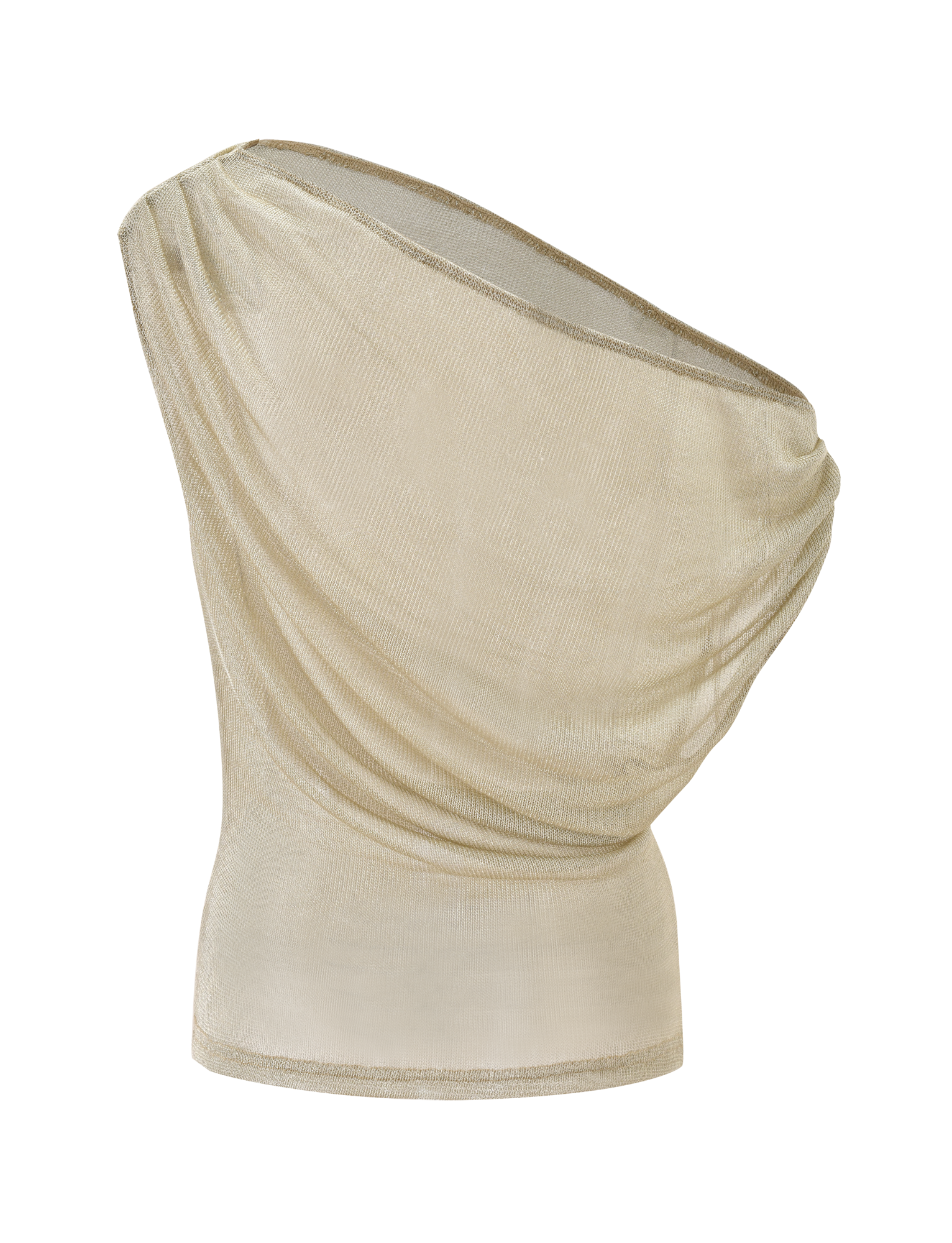 The CLANCY TOP - GOLD by TIGERMIST features a sheer, light beige off-shoulder design with draped fabric and an asymmetrical neckline, shown on a plain white background.