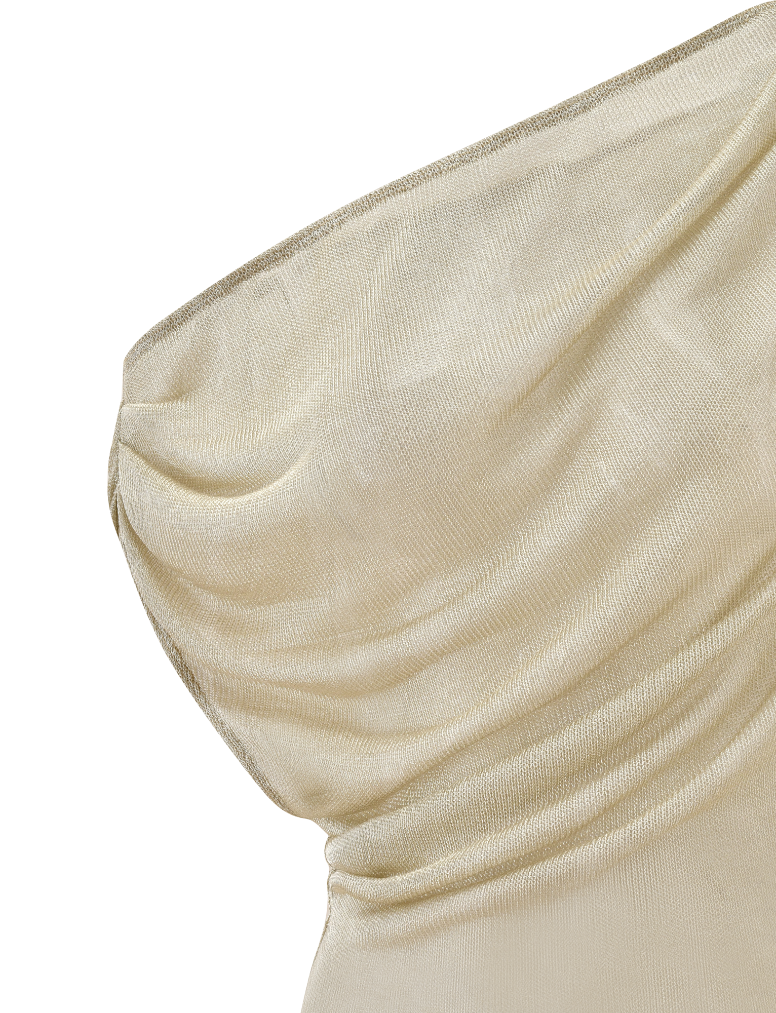 Close-up of the CLANCY TOP in gold by TIGERMIST, featuring a one-shoulder design, draped neckline, and ruched textured fabric. The slightly shimmery material enhances its elegance against a plain white background.