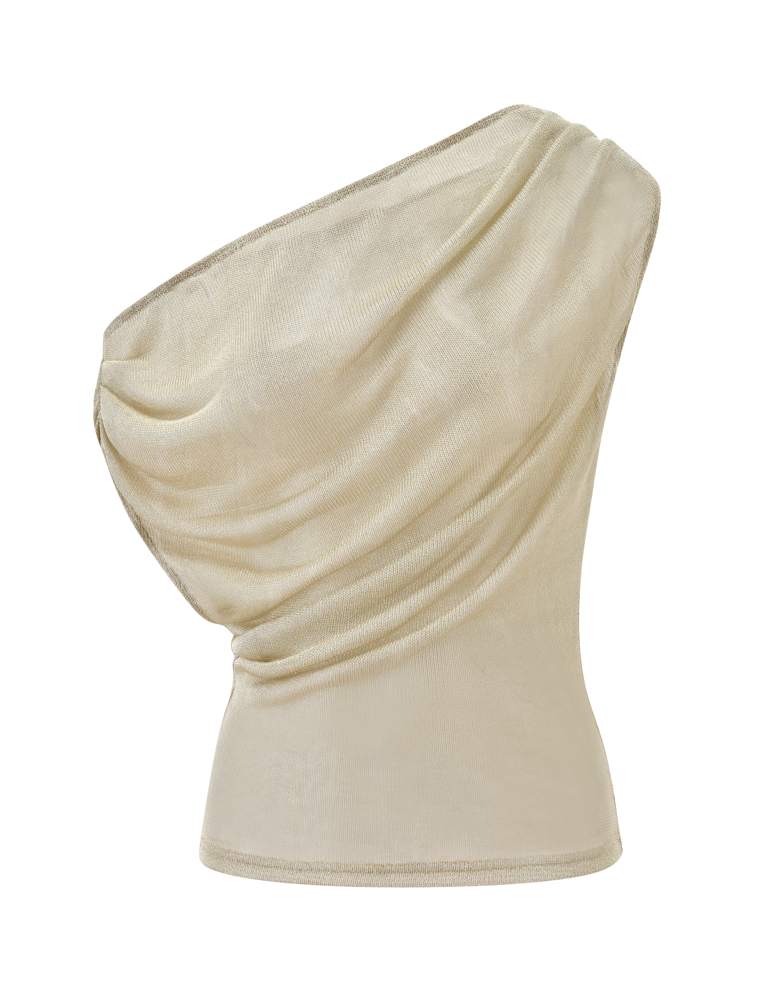 The CLANCY TOP - GOLD by TIGERMIST is a gold, sleeveless one-shoulder top with a draped neckline and ruched fabric detail, displayed on a plain white background.