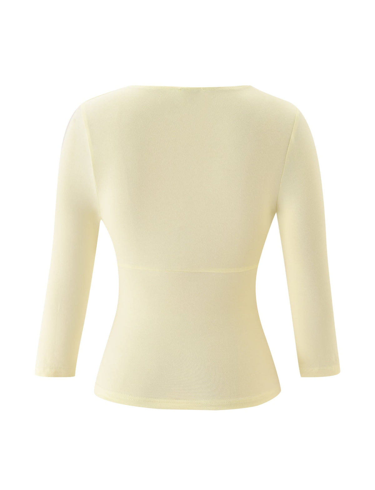 Back view of the SANDI TOP in Butter Yellow by TIGERMIST, showcasing long fitted sleeves, a round neckline, and a minimalist design with no visible fastenings or embellishments—making it a stylish choice for brunch.
