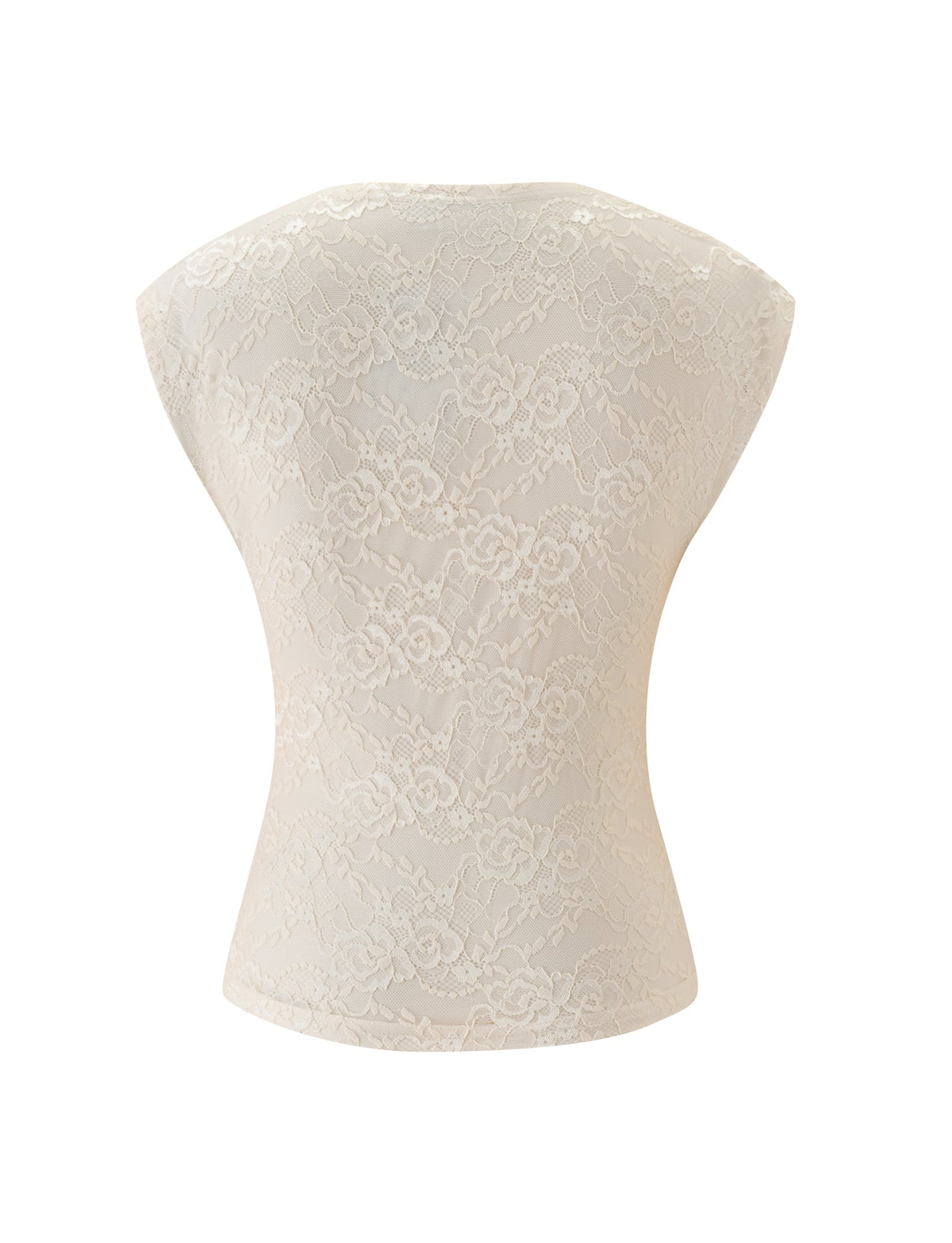 The TONYA TOP - CREAM by TIGERMIST is displayed from the back, showcasing its fitted silhouette and all-over floral lace design. Ideal as a summer lace top, this elegant and versatile piece is photographed against a plain white background.