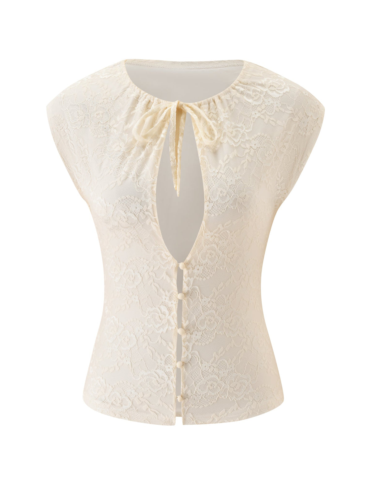 The TONYA TOP - CREAM by TIGERMIST is a cream-colored fitted lace blouse with cap sleeves, a front keyhole cutout, ribbon tie neckline, and decorative buttons down the center—an elegant summer piece perfect for warm weather.