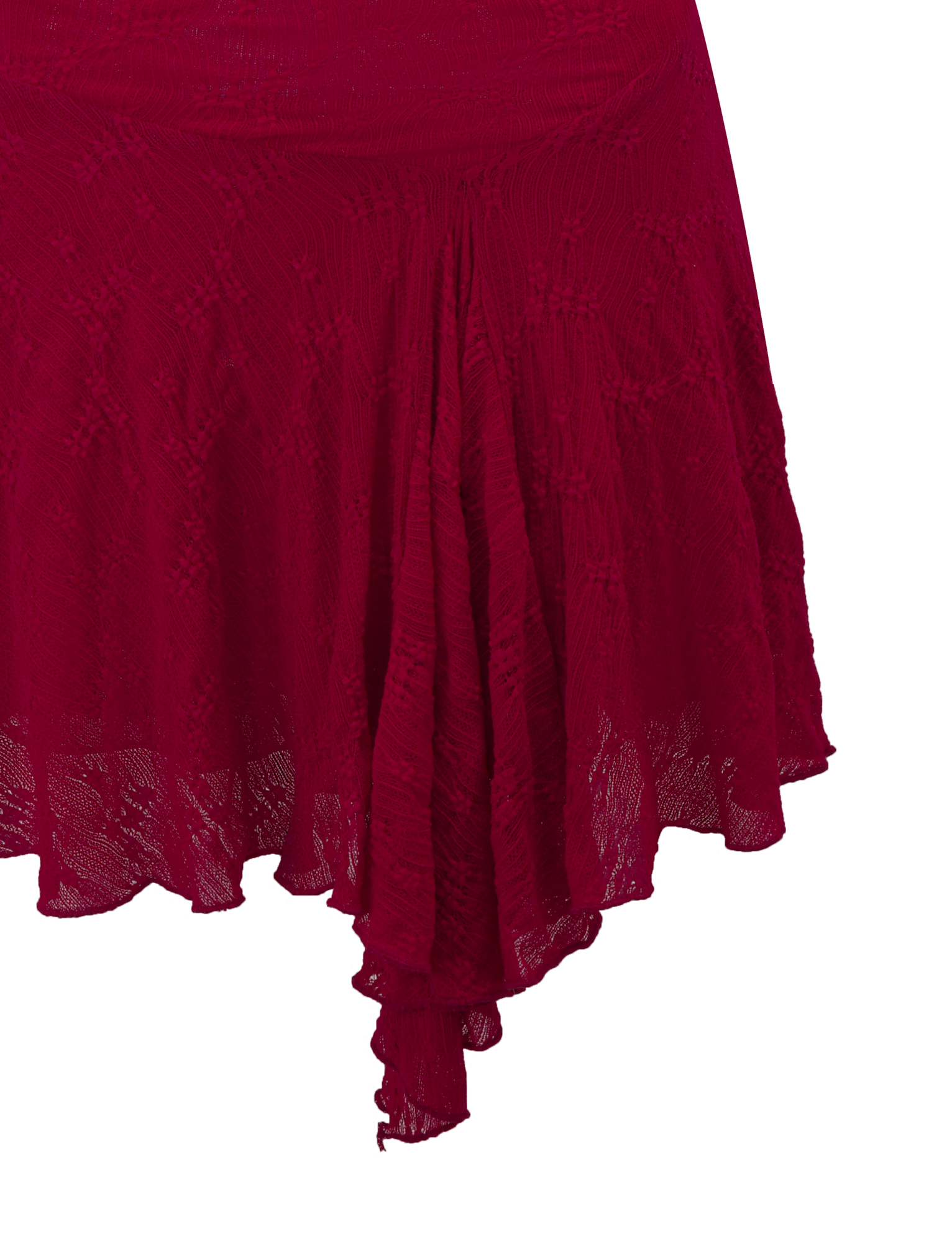 A close-up of the TIGERMIST FIORELLA DRESS - RED LACE highlights its textured, asymmetrical skirt with a handkerchief hemline against a plain white background.