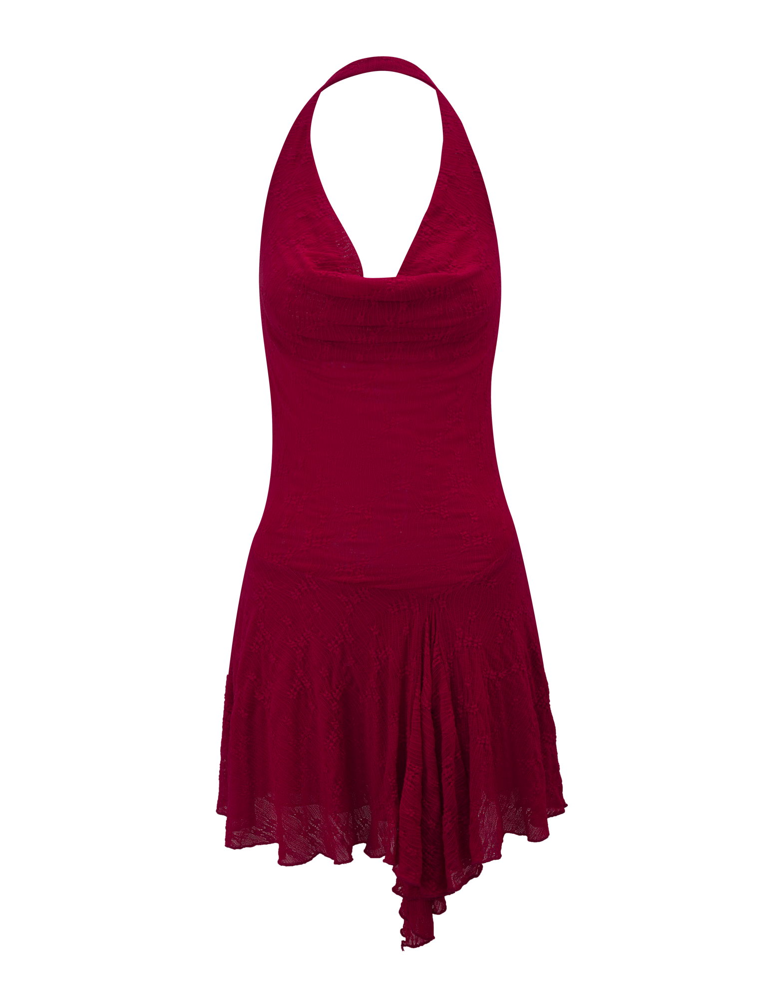 The FIORELLA DRESS - RED LACE by TIGERMIST is a sleeveless, halter mini dress in deep red with a ruched bodice, plunging neckline, and fitted top flowing into an asymmetrical lace hem and layered skirt.