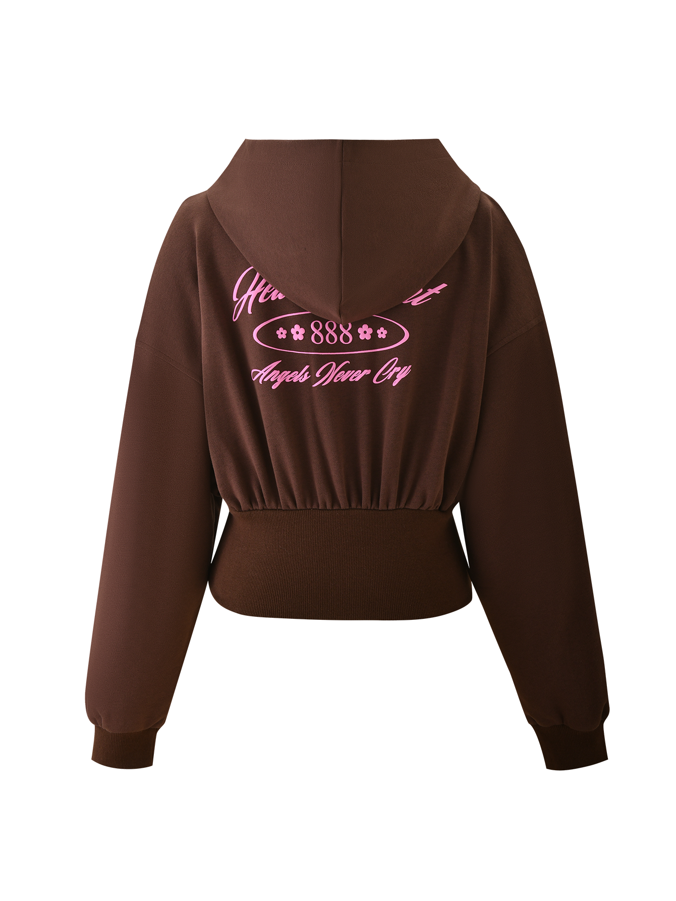 The MERRYN HOODIE - CHOCOLATE by TIGERMIST is a brown cropped hoodie with long sleeves, a hood, and custom pink puff print script on the back reading "888" and "Angels Wear Cry," plus stylized decorative accents.