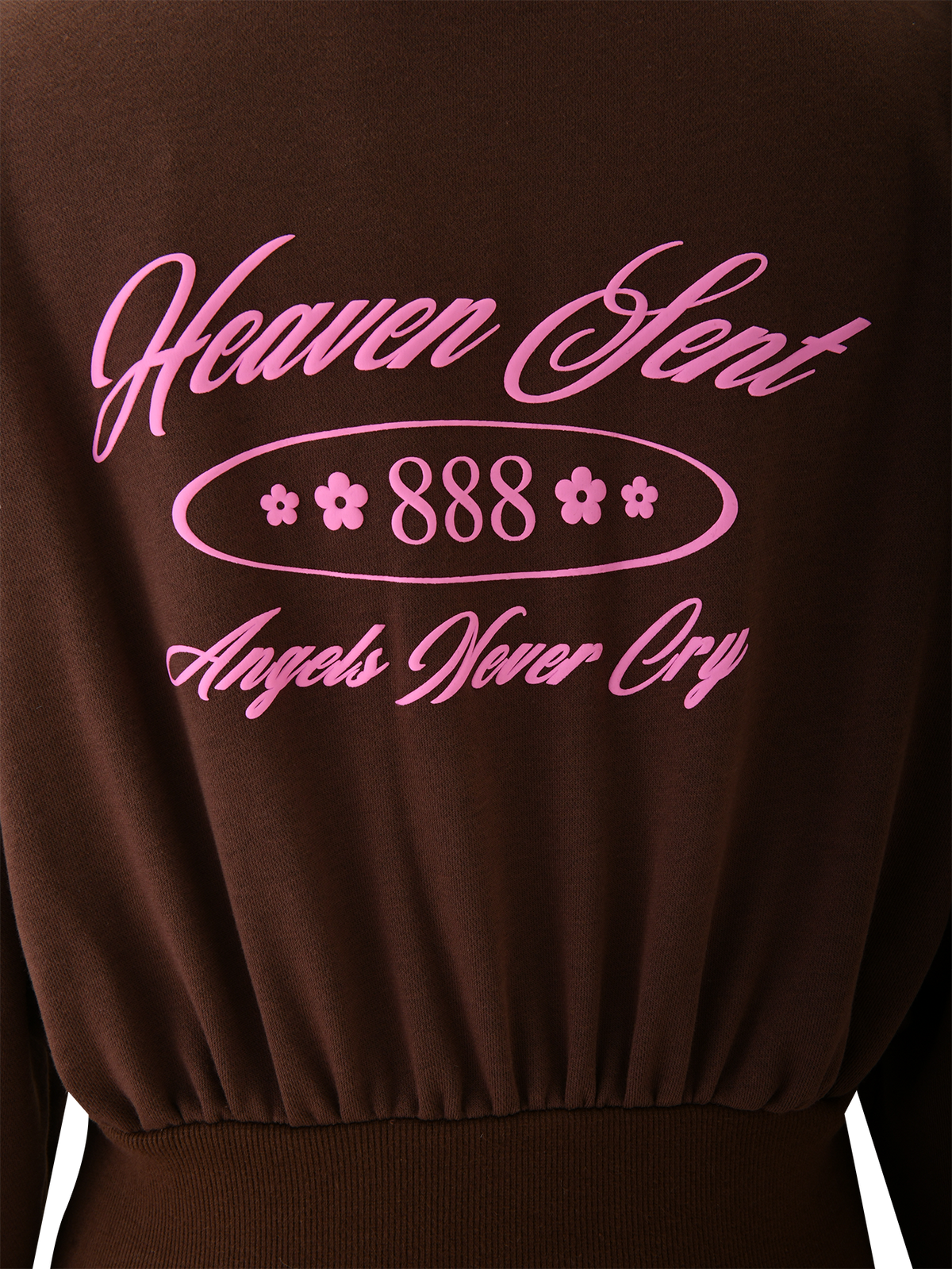 Back of the TIGERMIST MERRYN HOODIE - CHOCOLATE: pink "Heaven Sent" puff print, "888" with small flowers, and "Angels Never Cry." Features an elastic-gathered waistband.