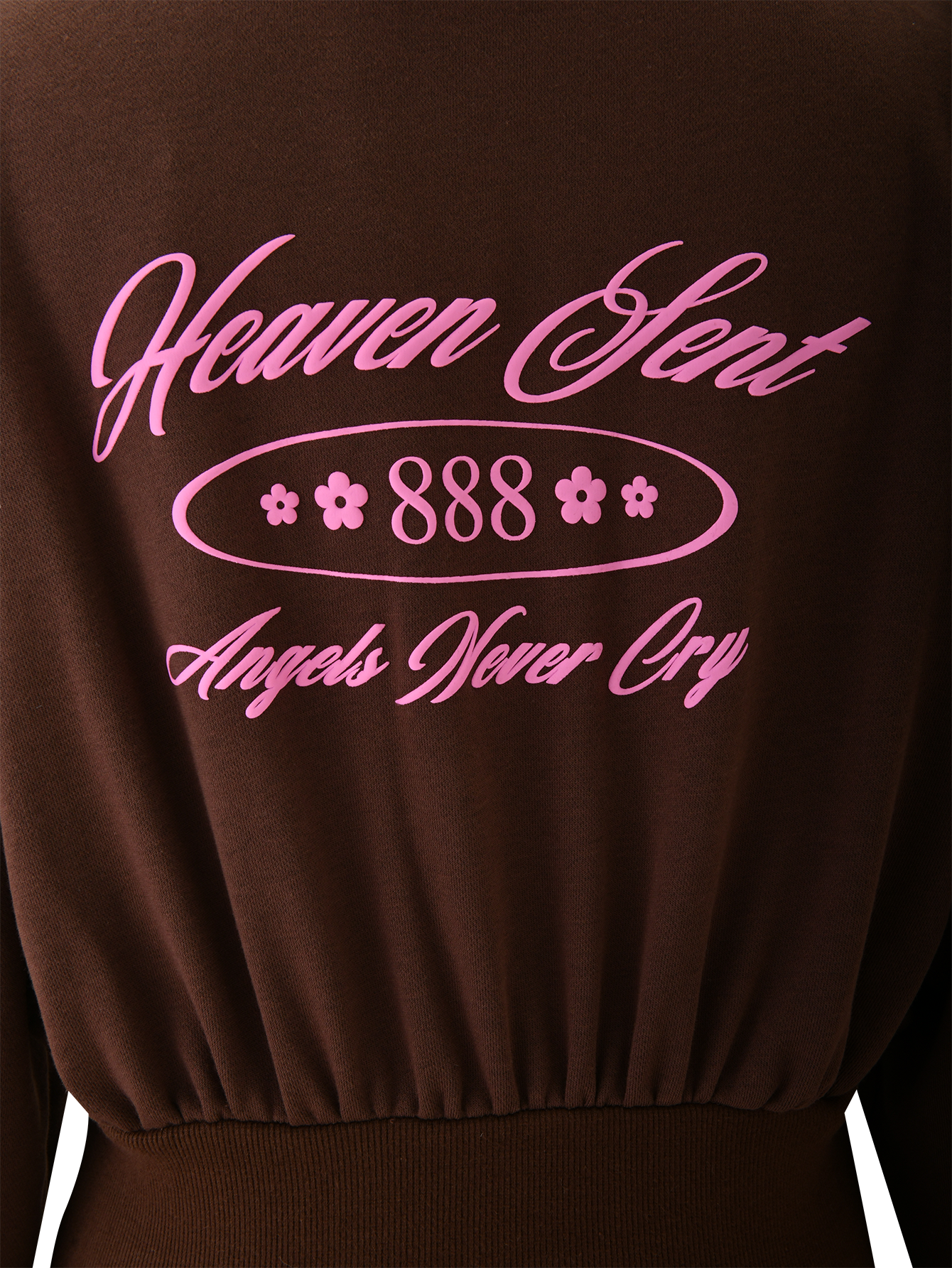 Back of the TIGERMIST MERRYN HOODIE - CHOCOLATE: pink "Heaven Sent" puff print, "888" with small flowers, and "Angels Never Cry." Features an elastic-gathered waistband.