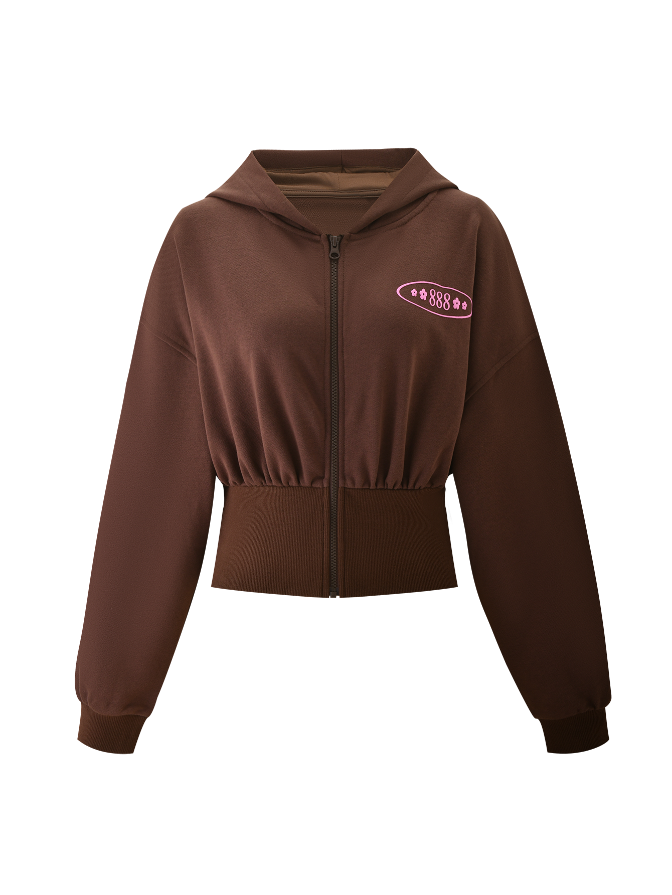 The MERRYN HOODIE - CHOCOLATE by TIGERMIST is a cropped brown zip-up with long sleeves, ribbed hem and cuffs, a hood, and a small pink "888" star puff print on the left chest.