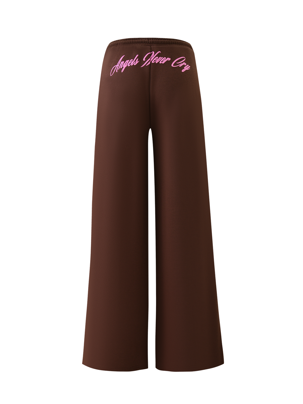 The TIGERMIST MERRYN TRACK PANT in chocolate features a comfy elastic waistband and "Angels Never Cry" in pink cursive across the back—ideal for making a bold, cozy tracksuit statement.