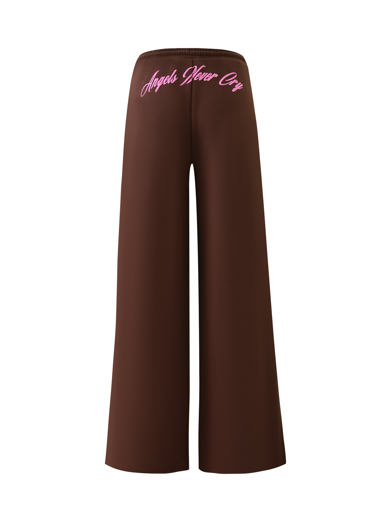 The TIGERMIST MERRYN TRACK PANT in chocolate features a comfy elastic waistband and "Angels Never Cry" in pink cursive across the back—ideal for making a bold, cozy tracksuit statement.