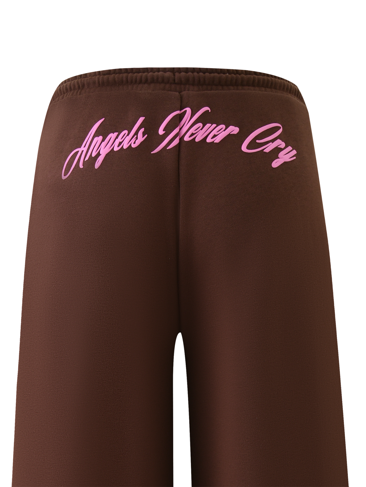 The TIGERMIST MERRYN TRACK PANT - CHOCOLATE features a brown wide-leg design with pink "Angels Never Cry" cursive text on the back, shown against a plain white background.