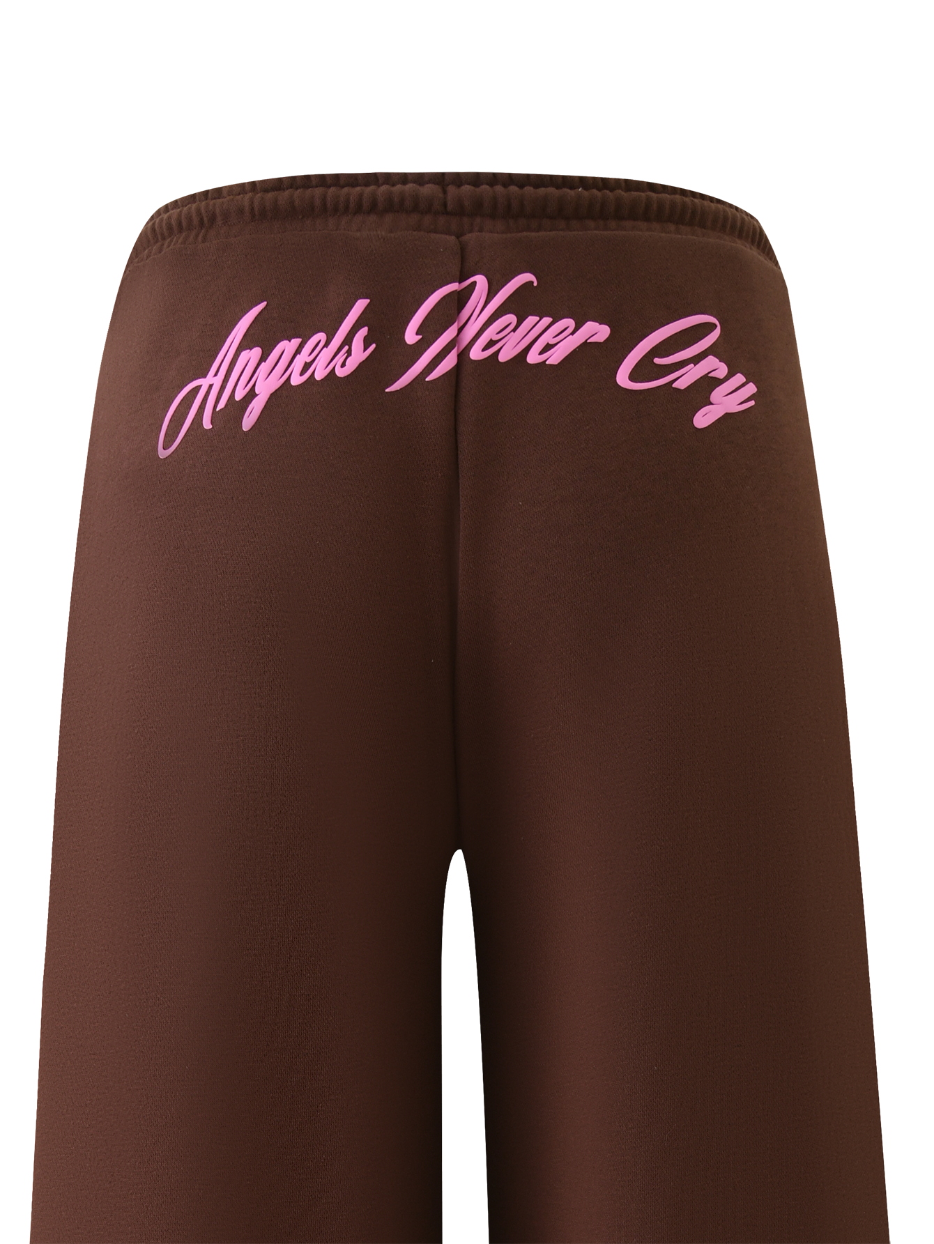 The TIGERMIST MERRYN TRACK PANT - CHOCOLATE features a brown wide-leg design with pink "Angels Never Cry" cursive text on the back, shown against a plain white background.