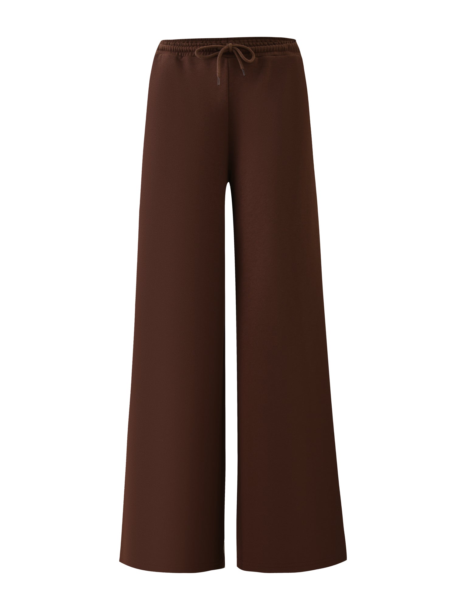 The MERRYN TRACK PANT - CHOCOLATE by TIGERMIST features a wide-leg silhouette, elastic waistband, and drawstring, shown against a plain white background.